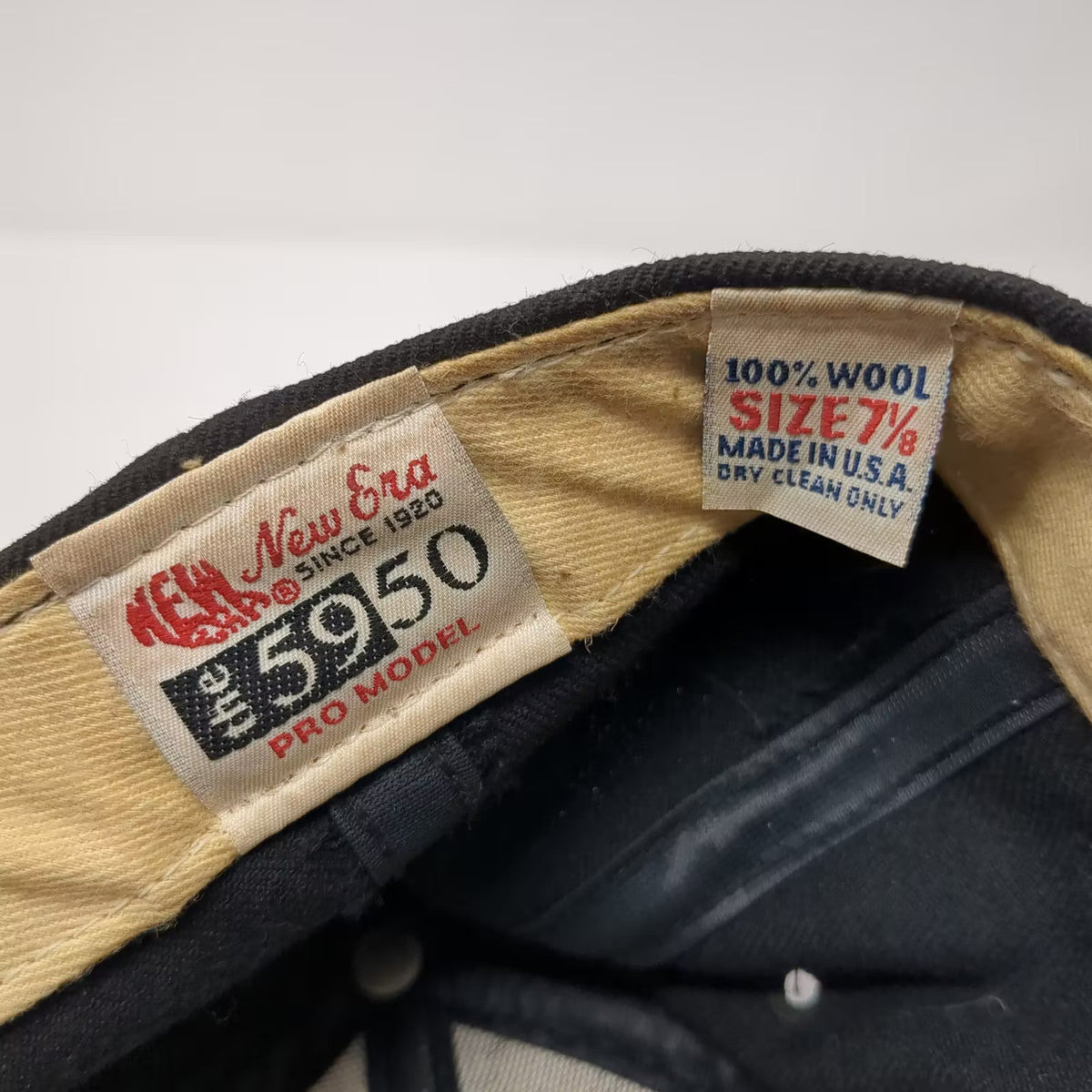 New Era Baseball Cap Black Gold 7 7/8 Wool Fitted Hat 5950 Pro Model USA Made