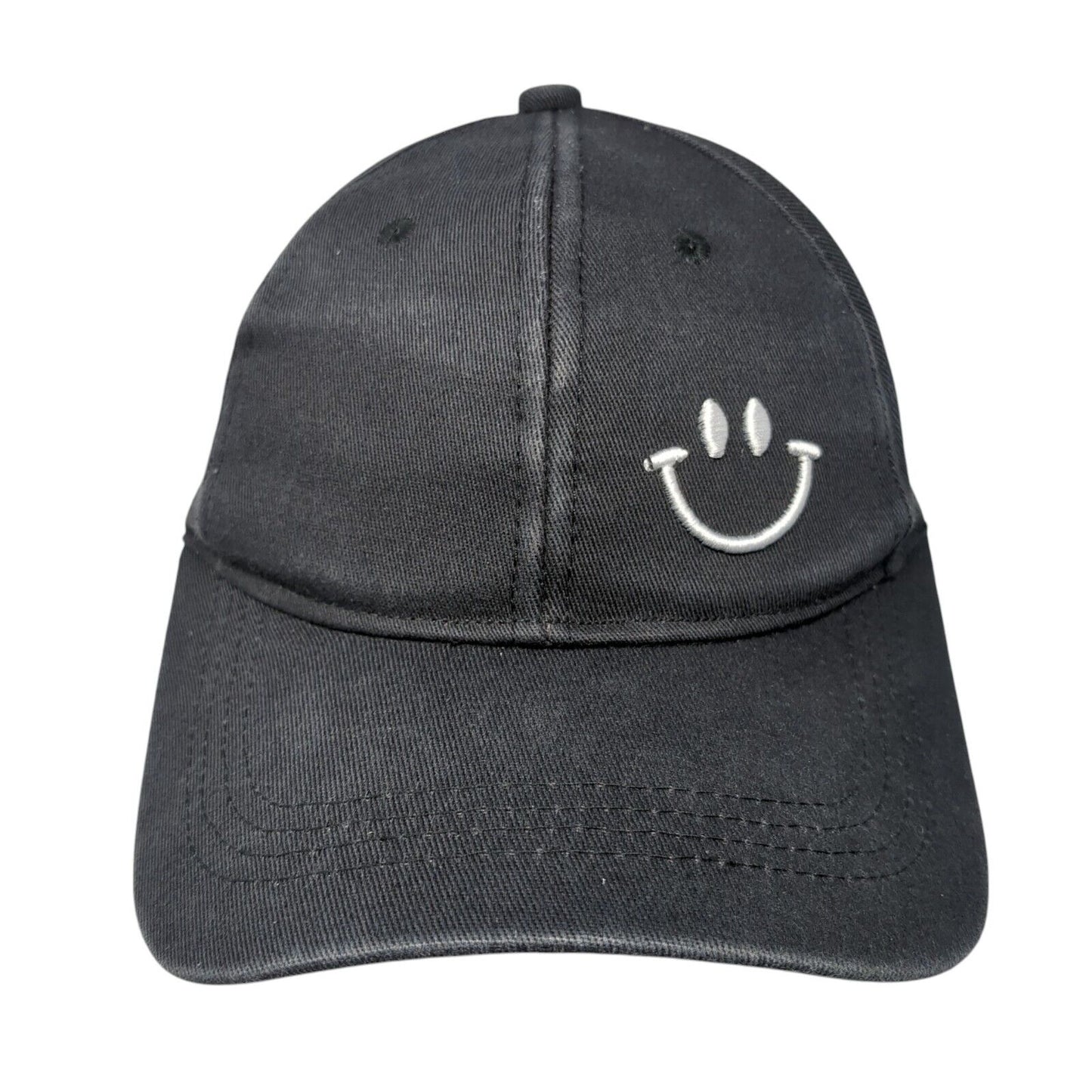 Smiley Slideback Hat Black One Size Adjustable Embroidered Vented Holes 6 Panel