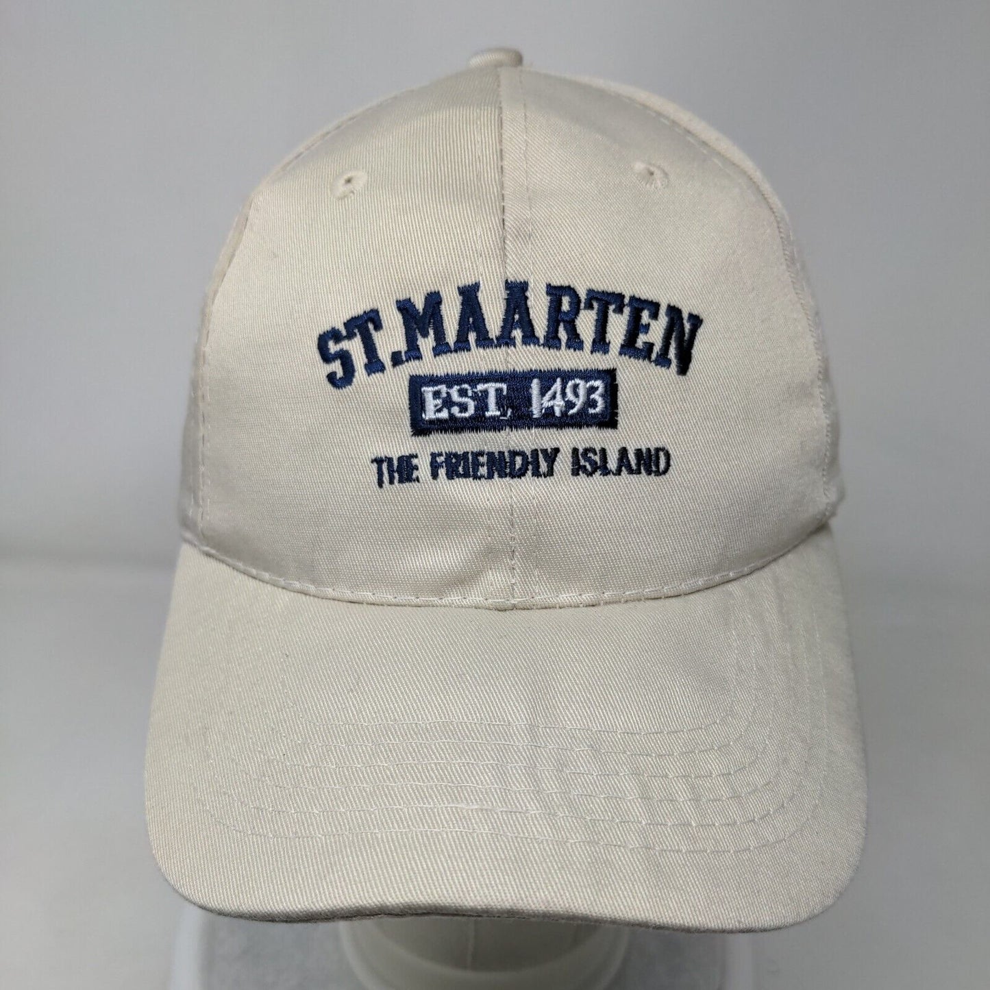 St. Maarten The Friendly Island Strapback Hat Tan OSFA Embroidered