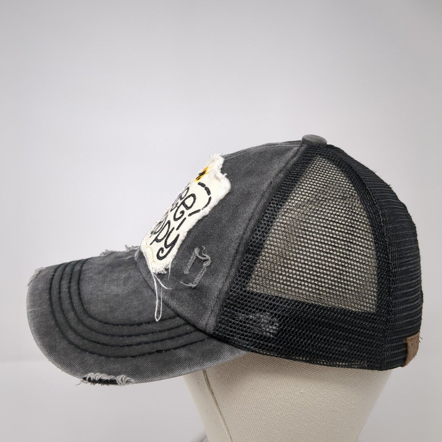 Bee Happy Strapback Trucker Hat Gray One Size Ponytail C.C Exclusives