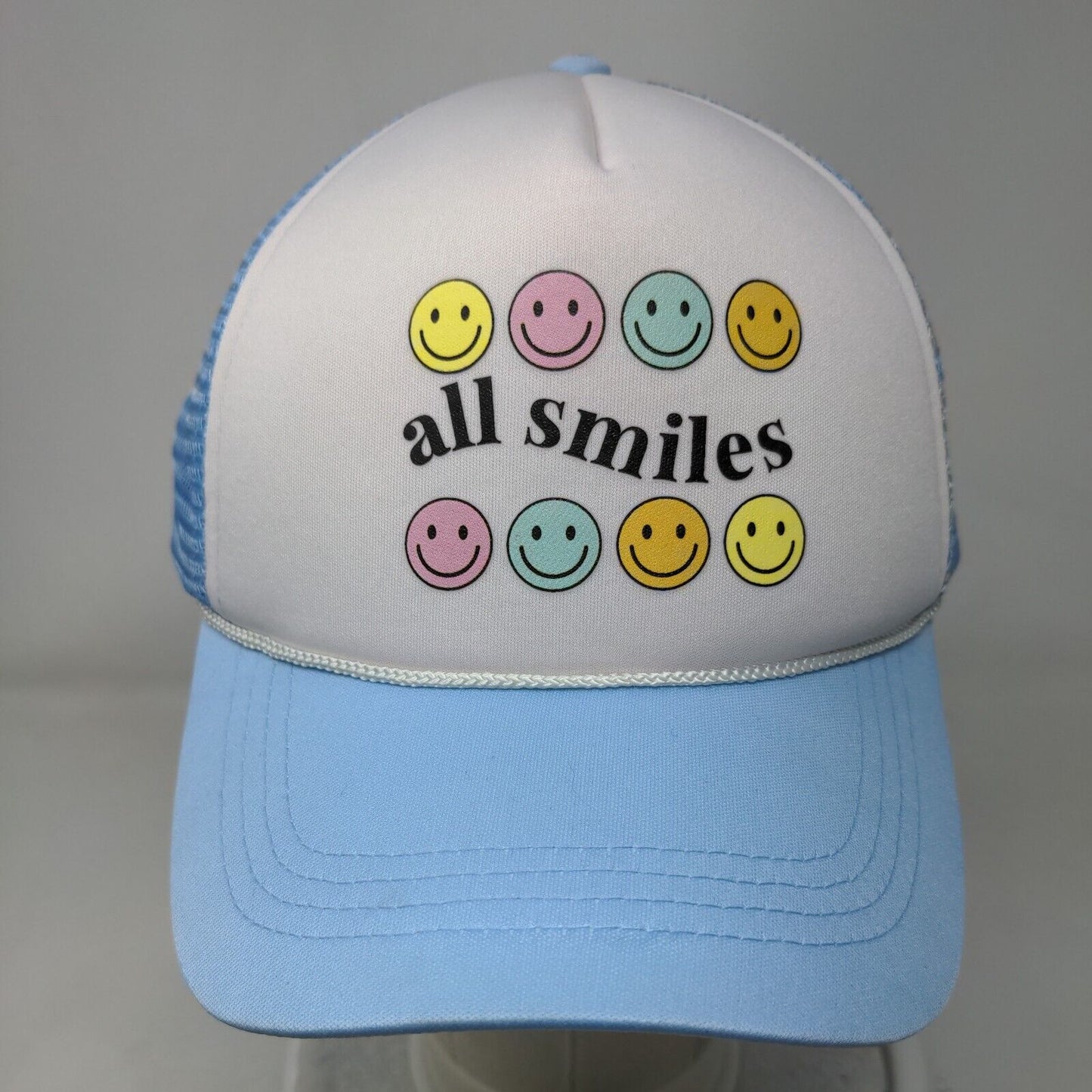 All Smiles Snapback Trucker Hat Blue OSFM Adjustable Mesh Back Rope Polyester