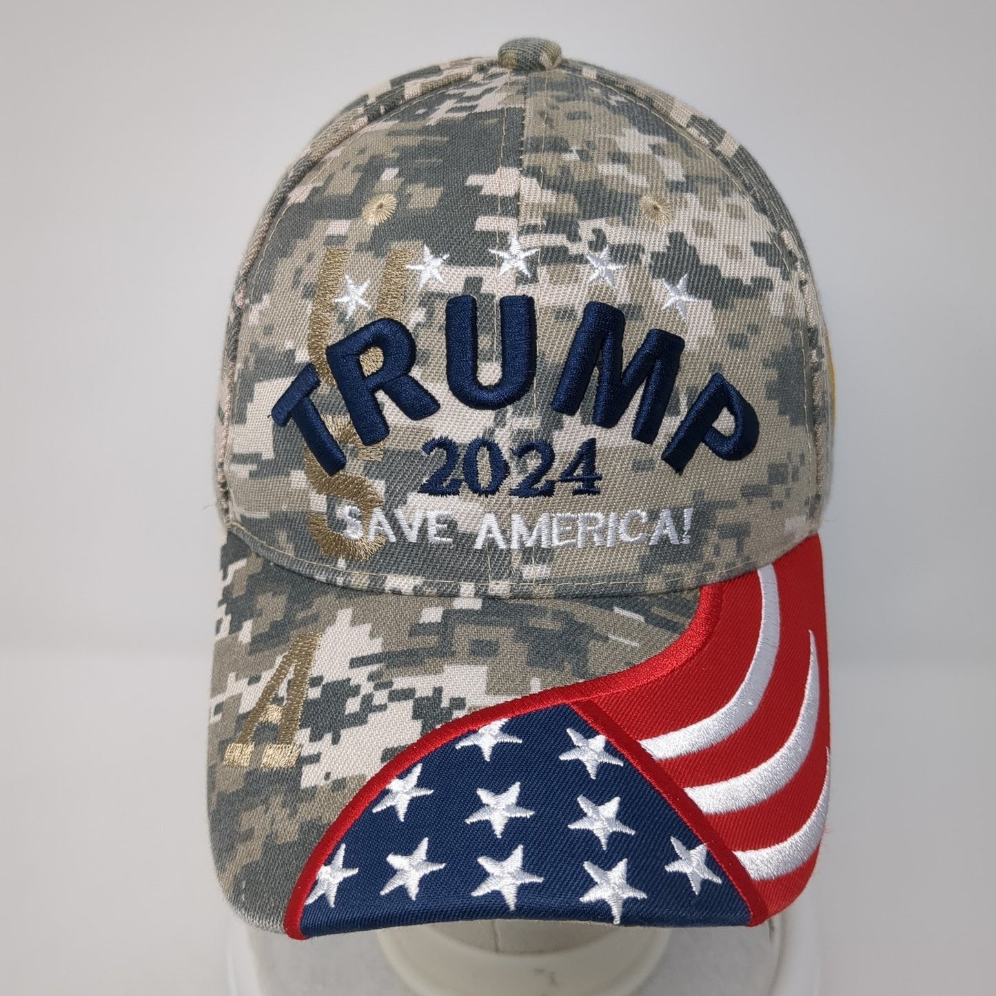 Trump 2024 Save America! Strapback Hat Multi Camo One Size USA Flag