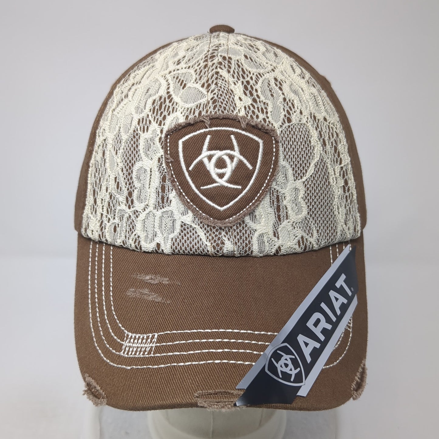 Ariat Strapback Baseball Cap Brown One Size Adjustable Distressed Lace Trim