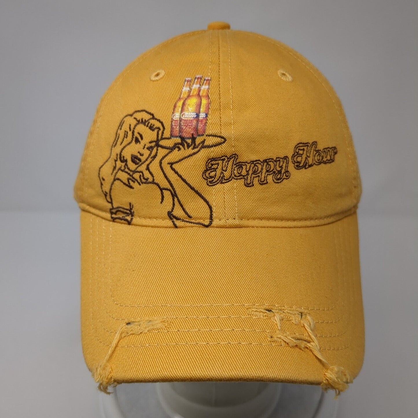Happy Hour Bud Light Slideback Hat Yellow One Size Adjustable Distressed