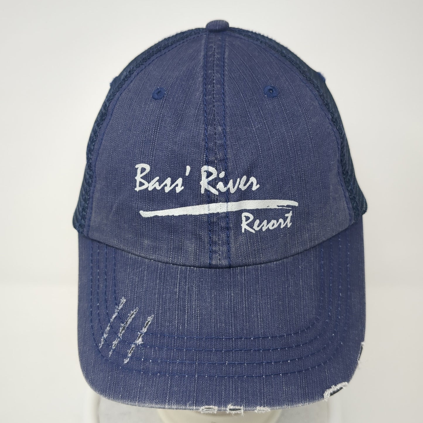 Bass' River Resort Trucker Hat Blue One Size Adjustable Distressed Mesh Back
