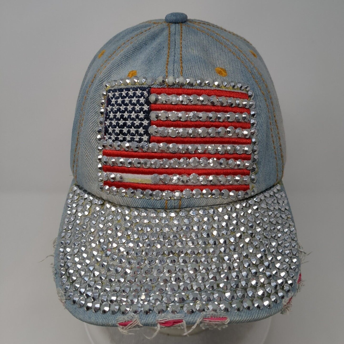 USA Flag Bling Slideback Hat Blue One Size Denim Leather Strap Rhinestone