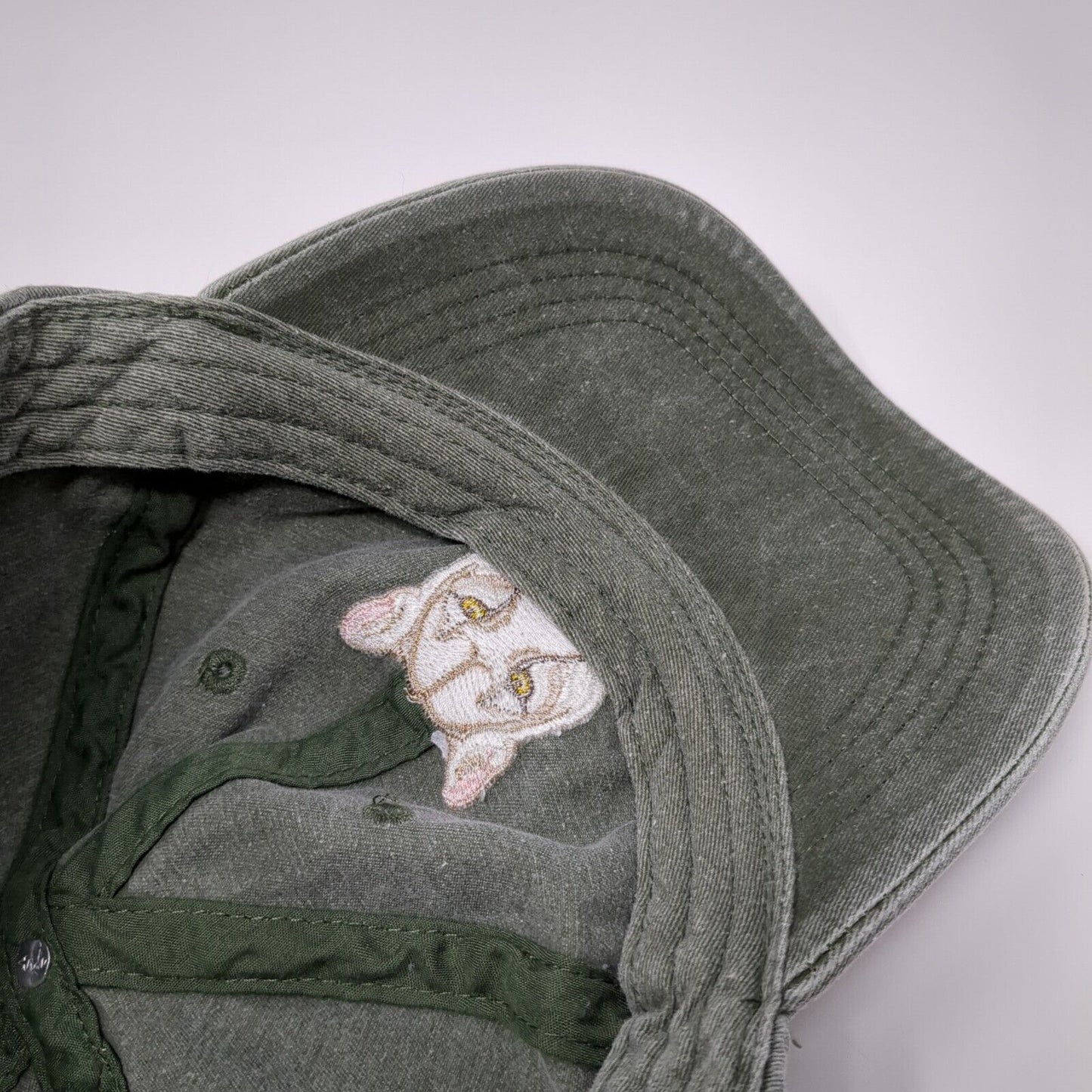 Lion Face Slideback Hat Green One Size Adjustable Embroidered 6 Panel Eco Cotton
