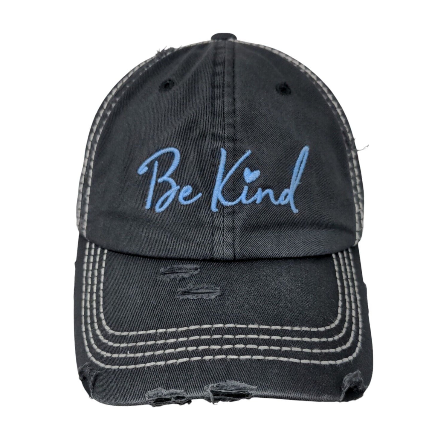 Be Kind Strapback Hat Blue One Size Embroidered 6 Panel Distressed
