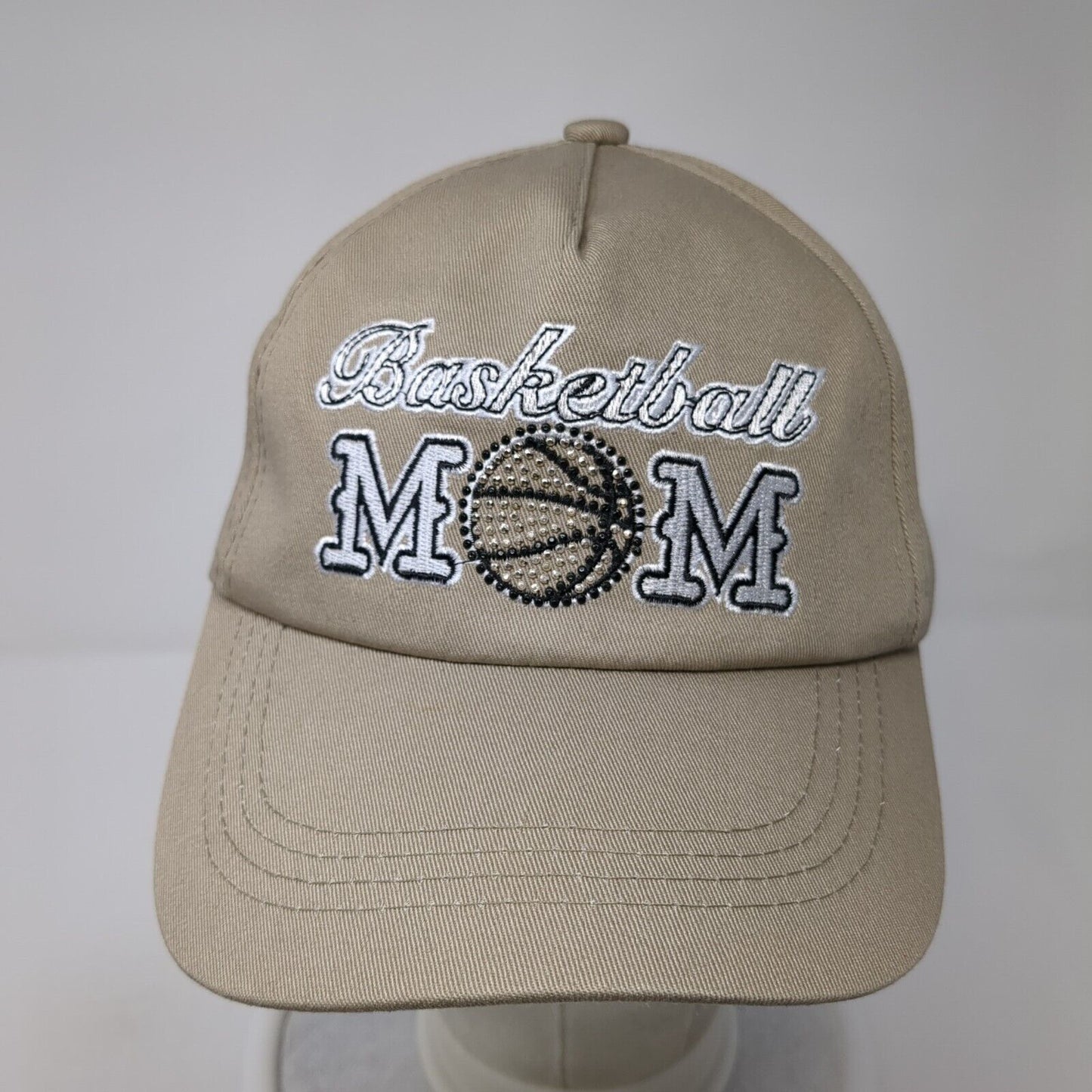 Basketball Mom Strapback Hat Tan One Size Adjustable Solid Rhinestone