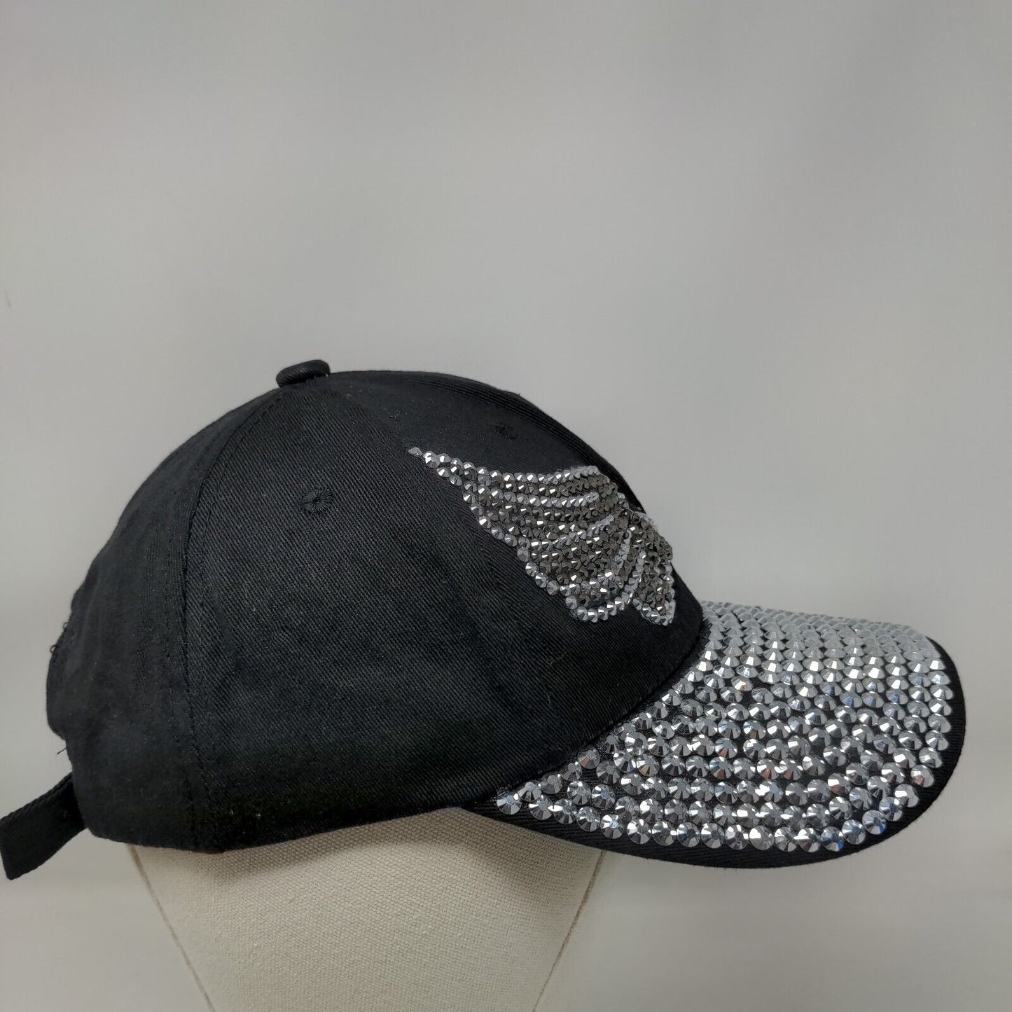 Angel Wings Slideback Hat Black One Size Adjustable Bling Rhinestone 6 Panel