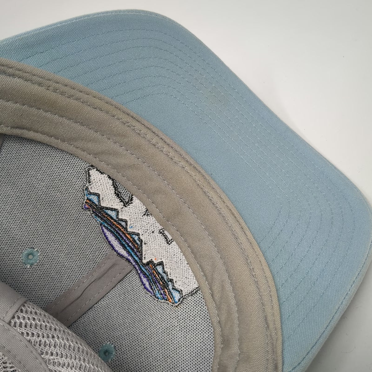 Patagonia Trucker Hat Blue One Size Bear Fitz Roy Logo Mesh Snapback Hiking Gray
