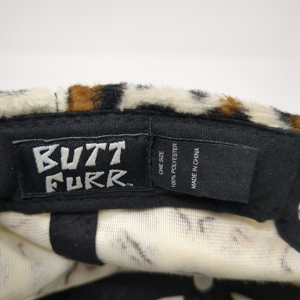 BUTT FURR Baseball Cap White Leopard Print Faux Fur One Size Strapback Hat