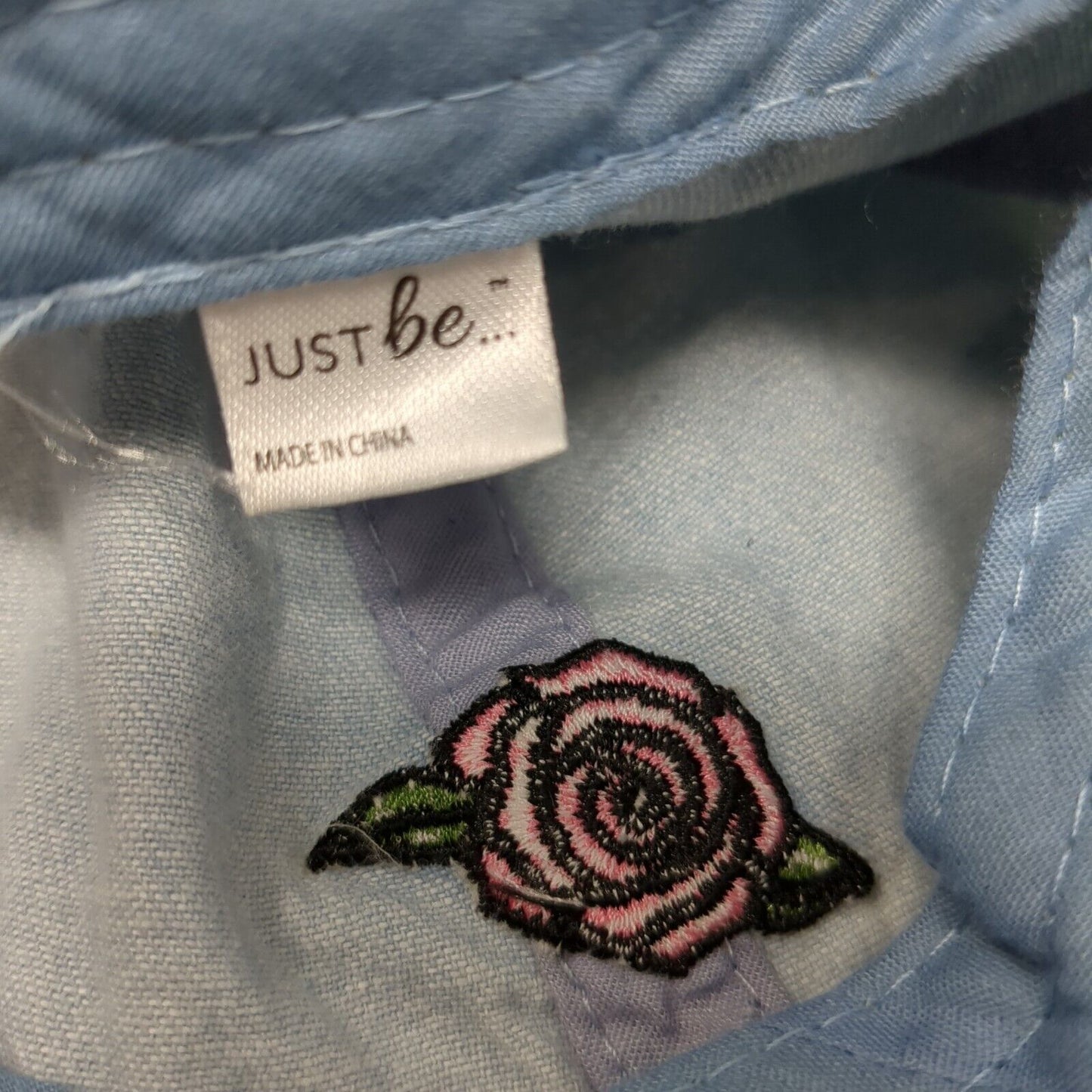 Rose Strapback Hat Blue OSFA Adjustable Embroidered Floral Denim Just Be