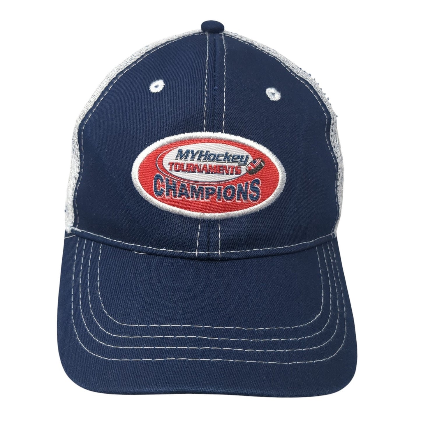 My Hockey Tournaments Champions Trucker Hat Blue One Size Adjustable Mesh Back