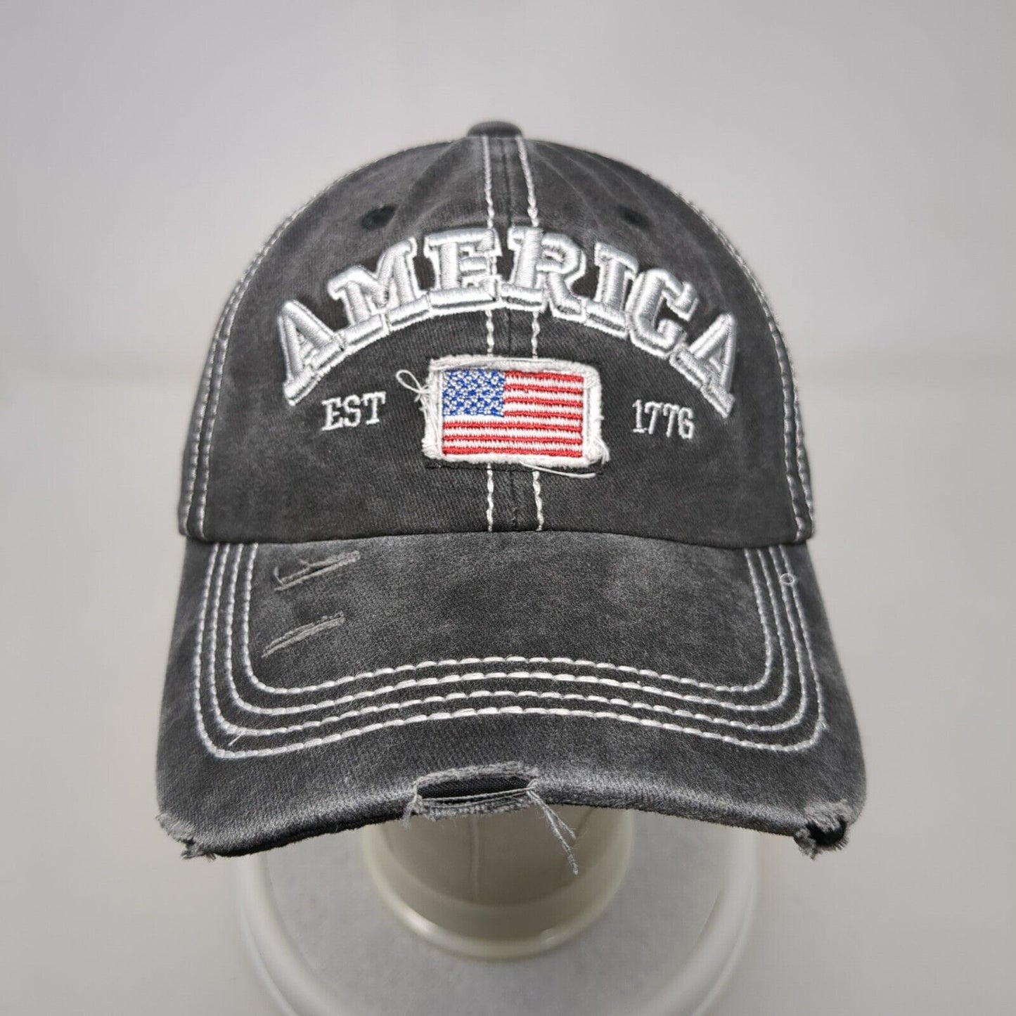 America Est 1776 Slideback Hat Gray One Size Adjustable Patriotic Distressed