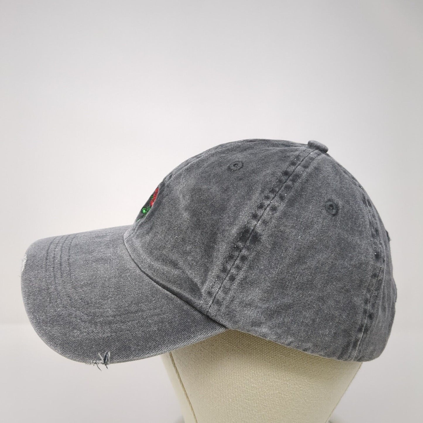 Rose Slideback Hat Gray One Size Adjustable Embroidered Flower Distressed Cotton