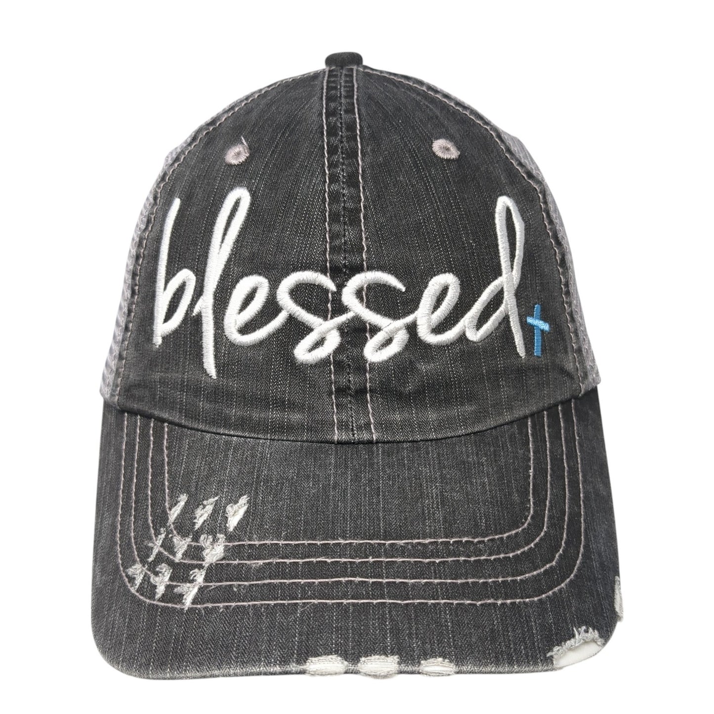 Blessed Strapback Baseball Cap Gray One Size Adjustable Mesh Back Distressed