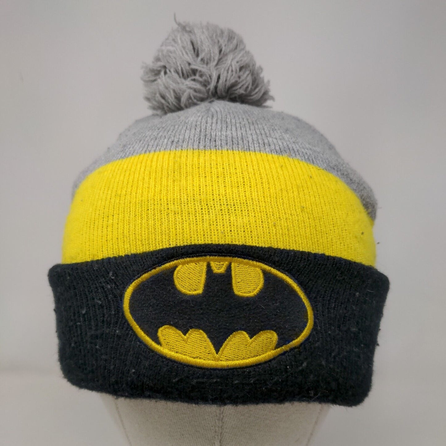 Batman Beanie Hat Multicolor OSFM Knitted Stretch Pom Pom Fleece Acrylic