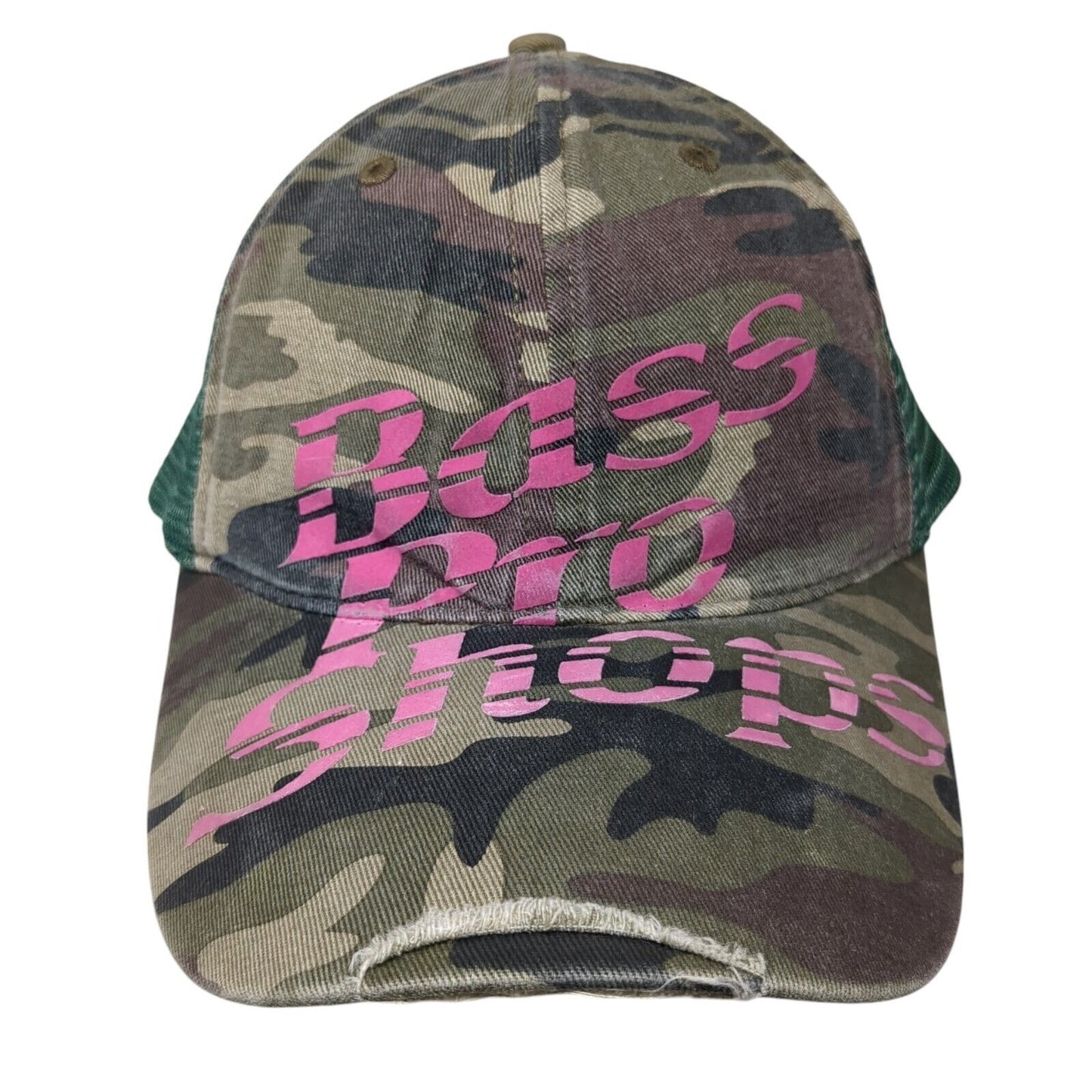 Bass Pros Shops Slideback Trucker Hat Camo OS Adjustable Distressed Mesh Back