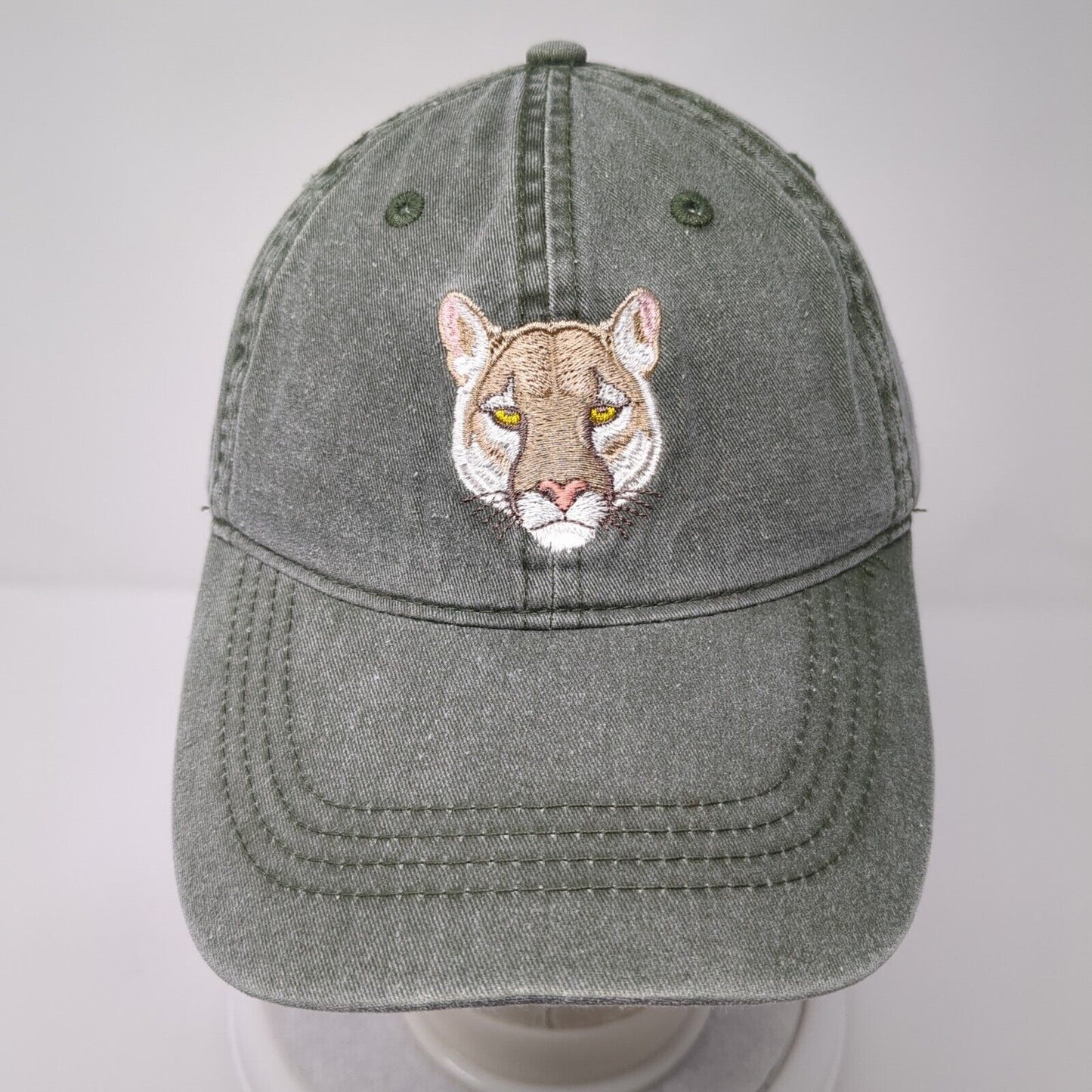 Lion Face Slideback Hat Green One Size Adjustable Embroidered 6 Panel Eco Cotton