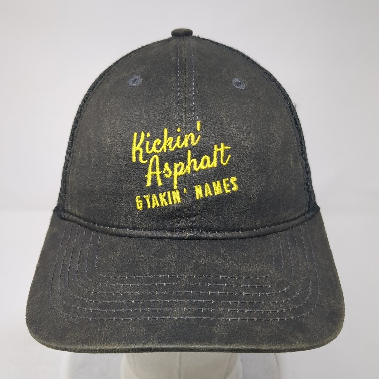 Kickin' Asphalt & Takin' Names Strapback Trucker Hat Black One Size Mesh Back