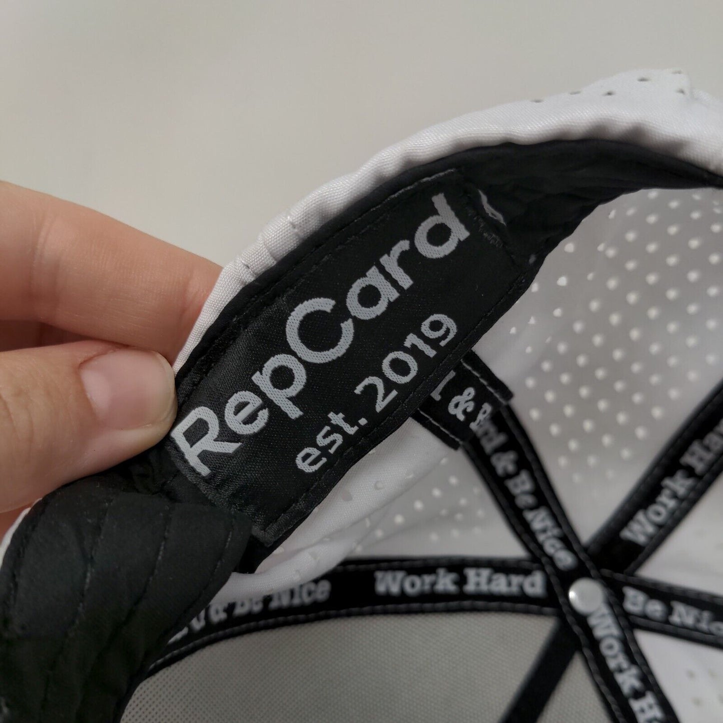 RepCard Snapback Hat White One Size Embroidered Logo Laser Cut