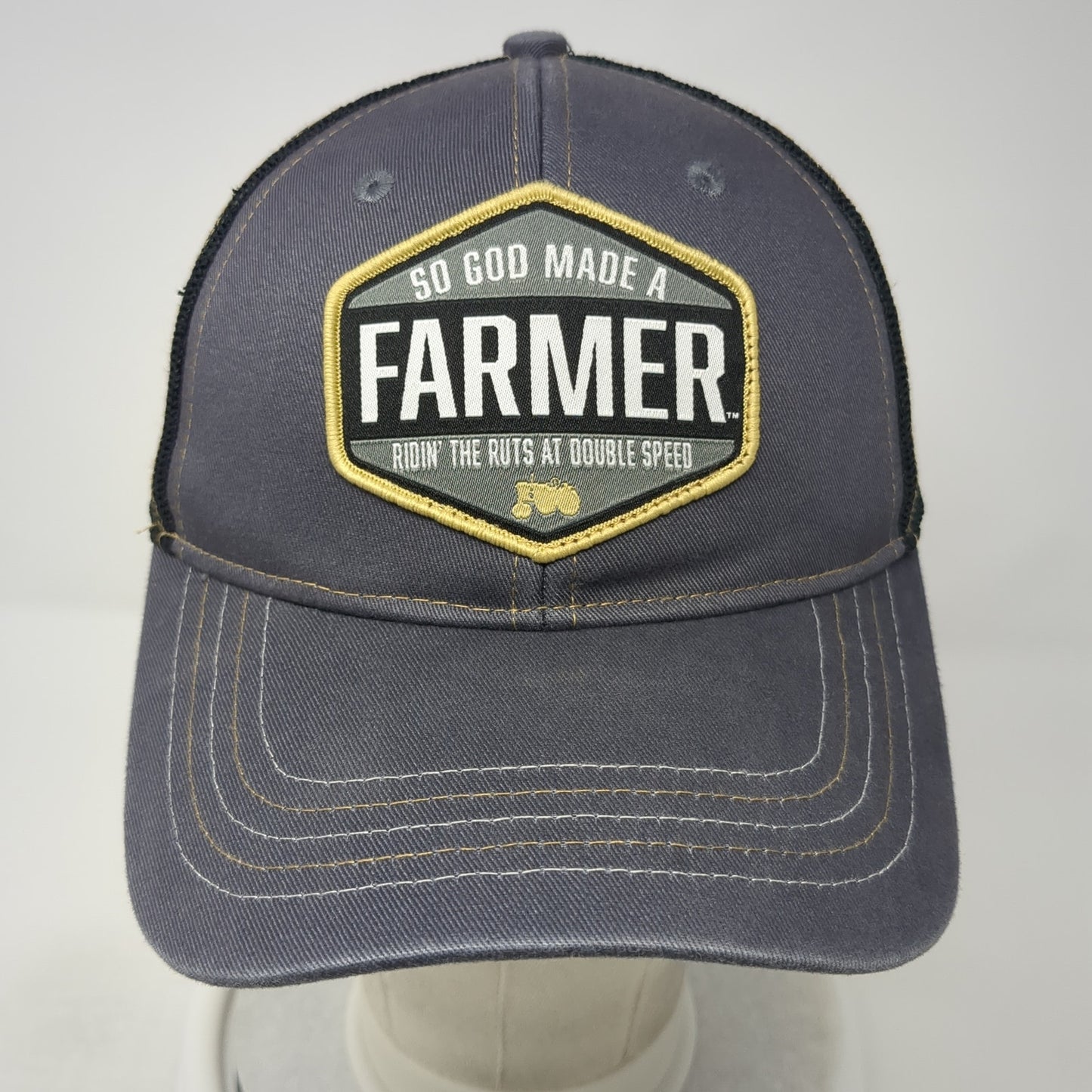 So God Made A Farmer Ridin' The Ruts At Double Speed Trucker Hat Gray OS Mesh