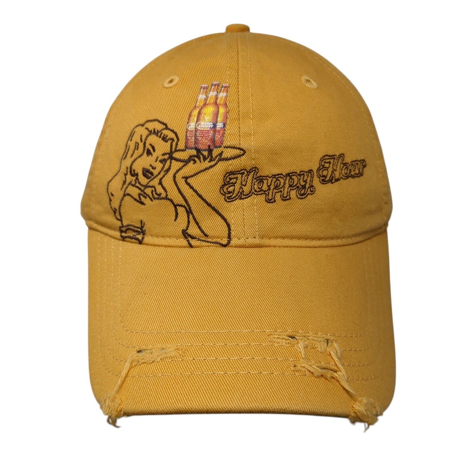 Happy Hour Bud Light Slideback Hat Yellow One Size Adjustable Distressed