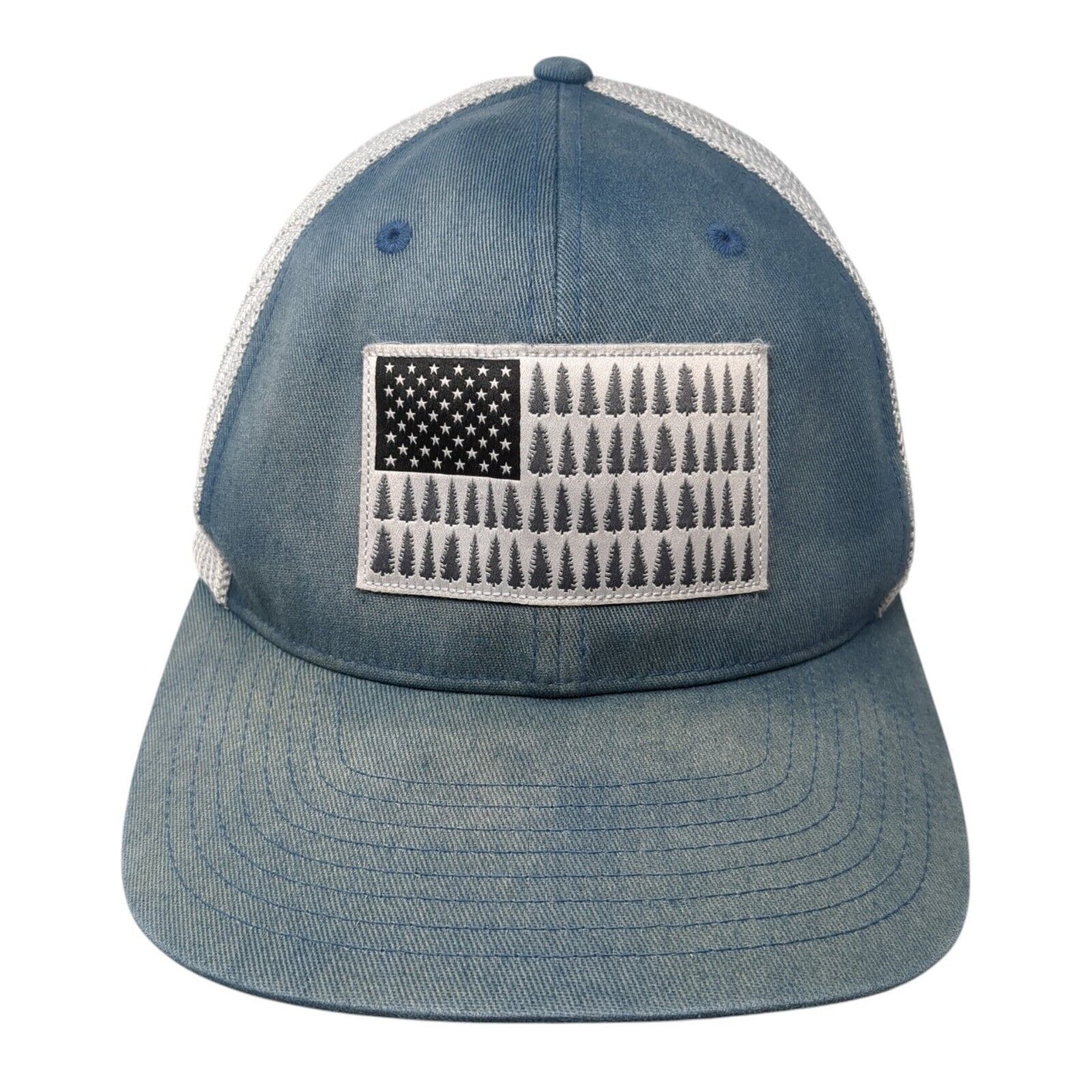 American Tree Flag Fitted Trucker Hat Blue L/XL Flexfit Mesh Back Columbia