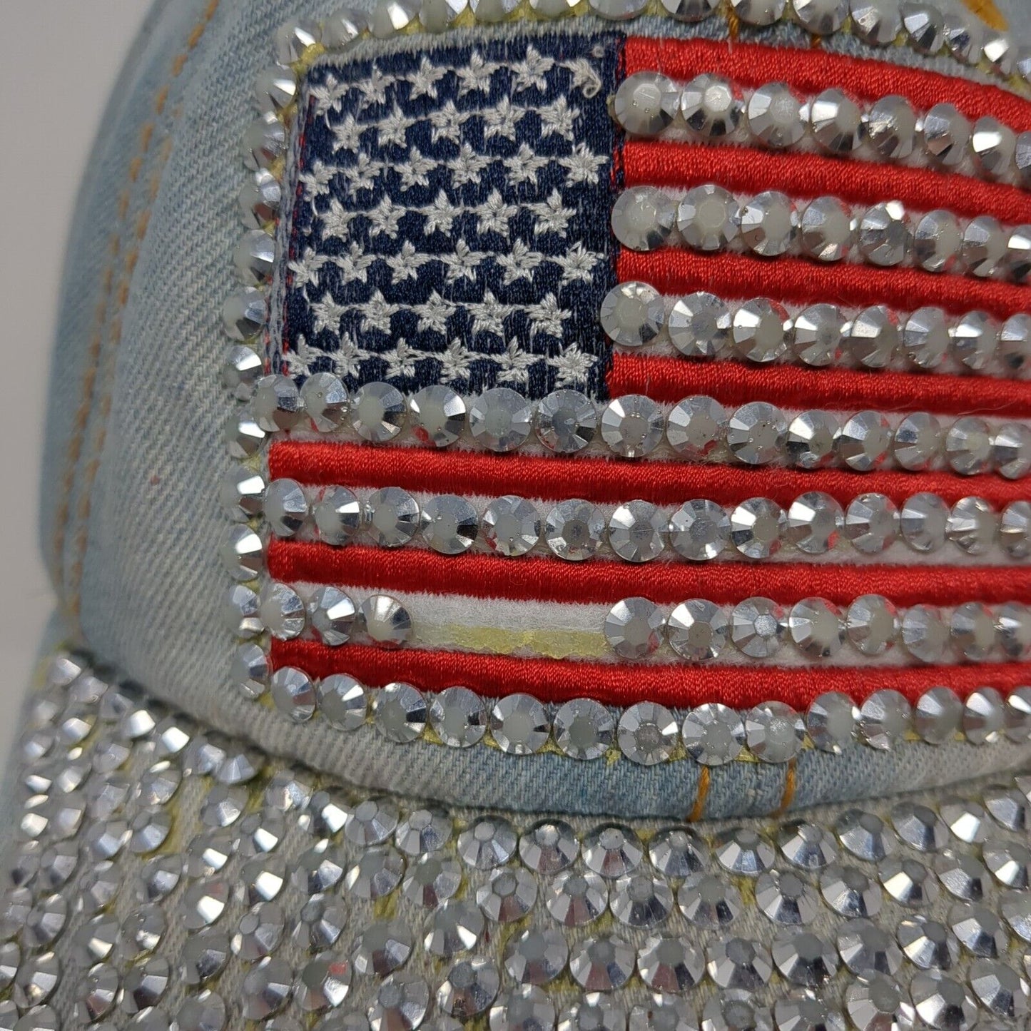 USA Flag Bling Slideback Hat Blue One Size Denim Leather Strap Rhinestone