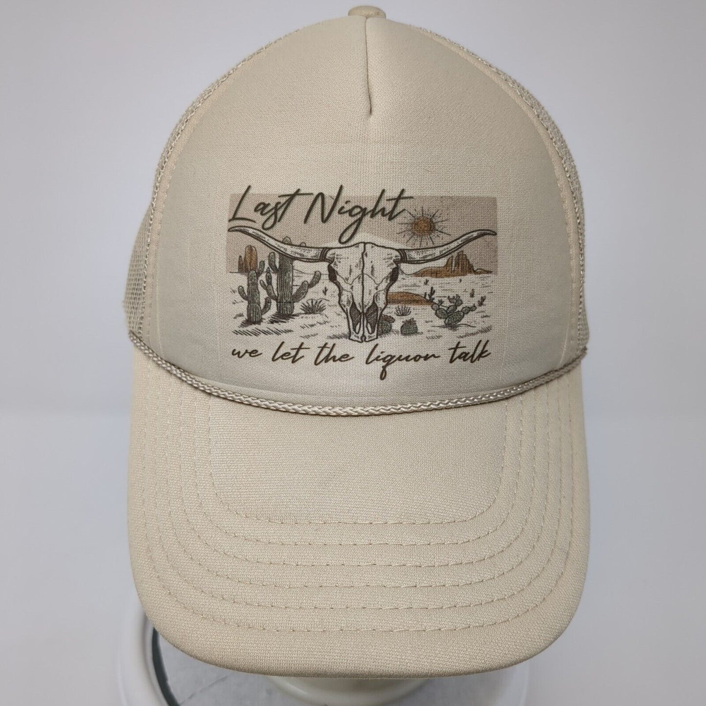 Last Night We Let The Liquor Talk Rope Trucker Hat Tan One Size Otto