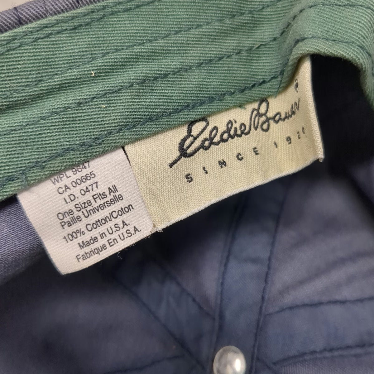 Eddie Bauer Blue Baseball Cap One Size Leather Strapback Made USA Hat Vintage