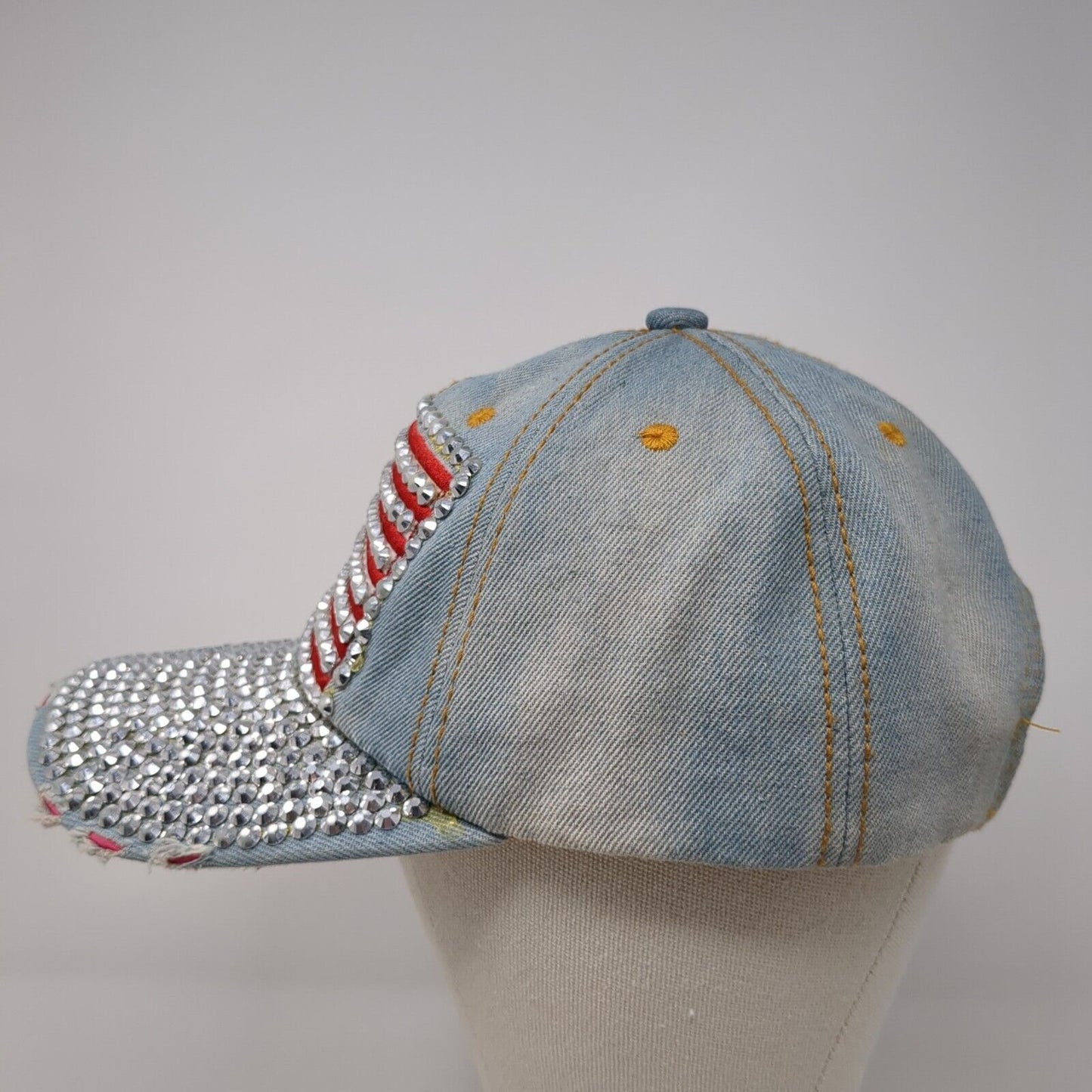 USA Flag Bling Slideback Hat Blue One Size Denim Leather Strap Rhinestone