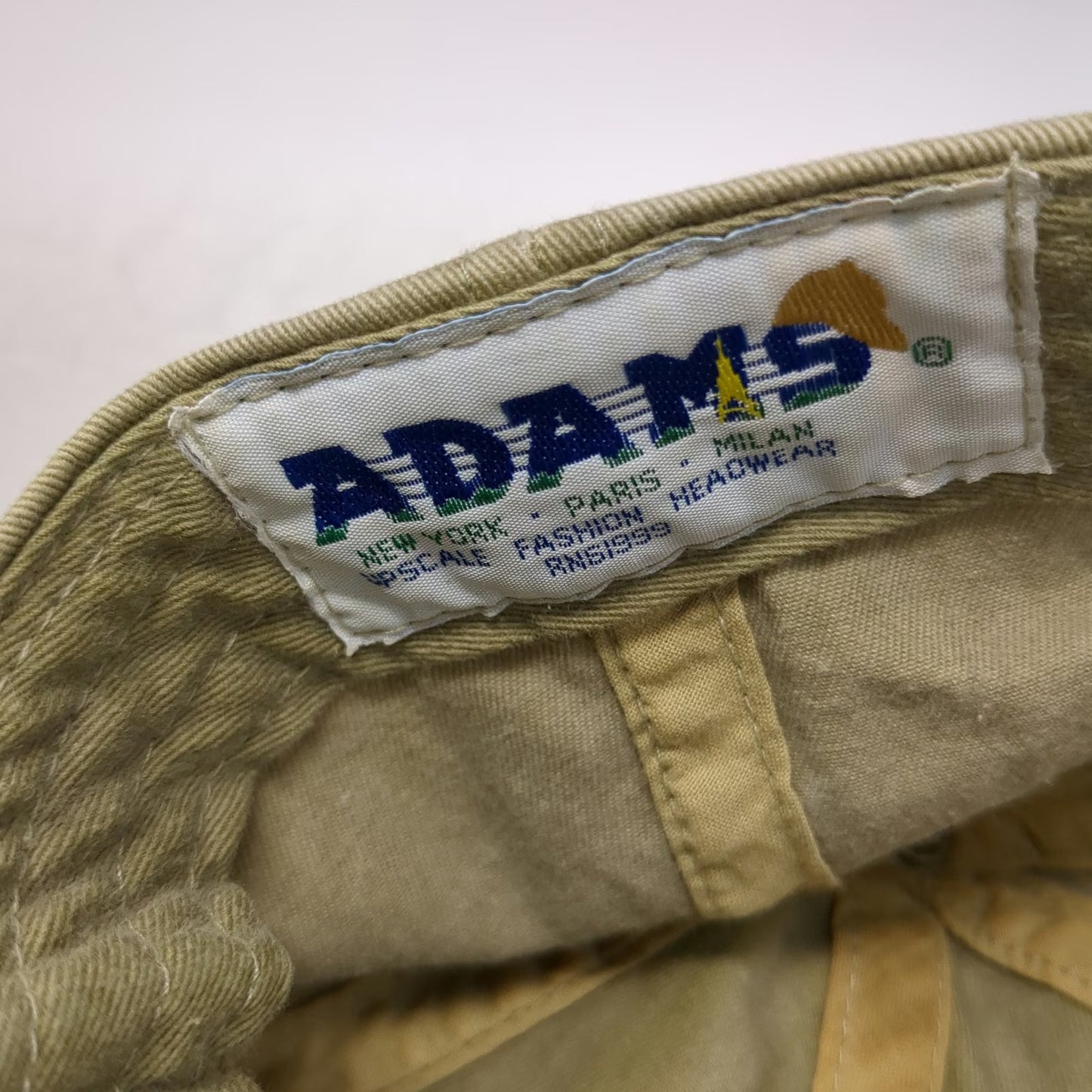 Adams Baseball Cap Beige Green Leather Strap Vermont Teddy Bear Hat Vintage