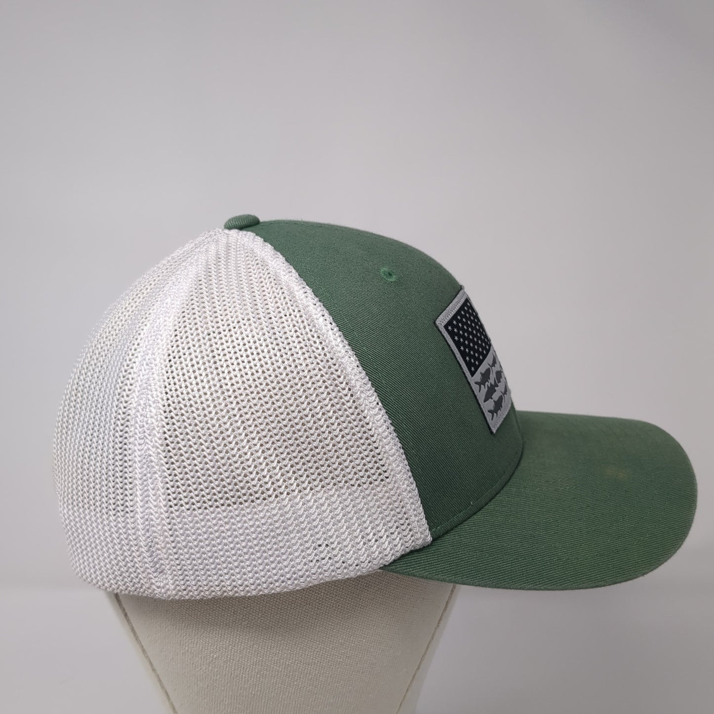 USA Fish Flag Fitted Mesh Back Trucker Hat Green One Size PFG Columbia