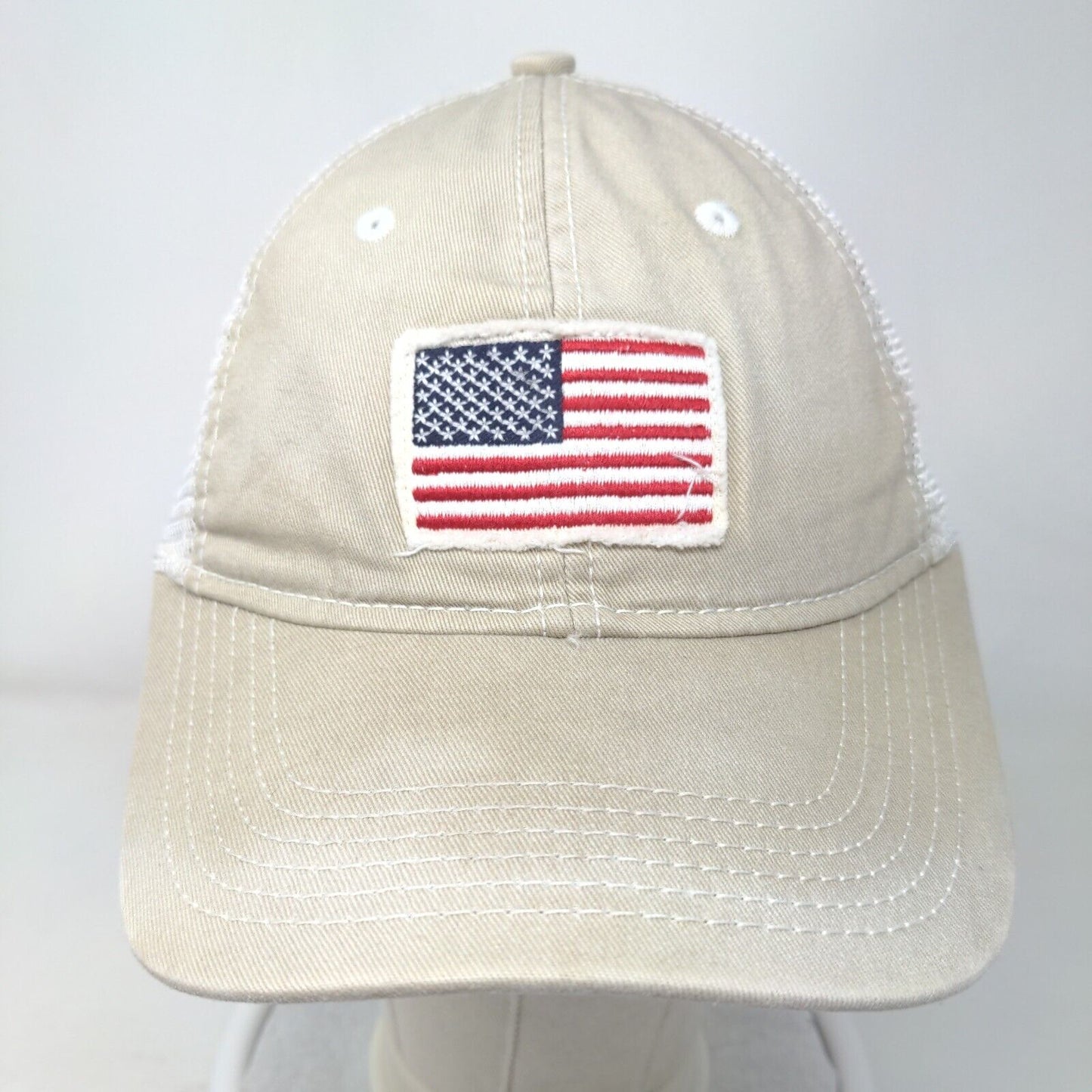 American Flag Strapback Mesh Back Trucker Hat Tan One Size Colorblock