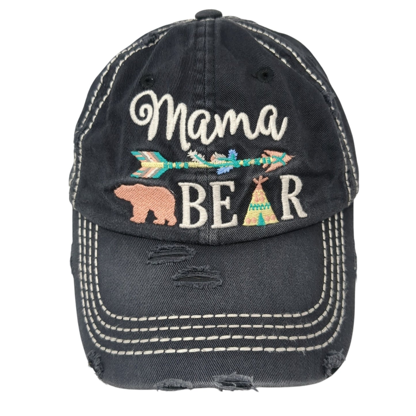 Mama Bear Strapback Baseball Cap Black OS Adjustable Distressed KB ETHOS Vintage