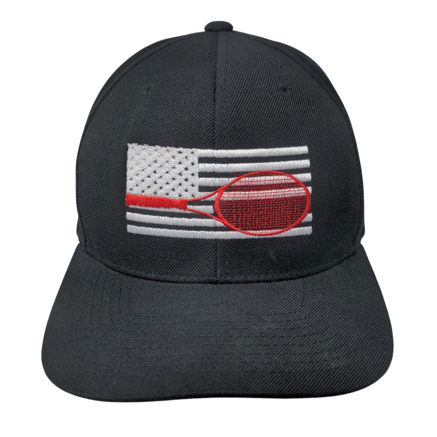 American Flag Tennis Racket Snapback Hat Black One Size Embroidered