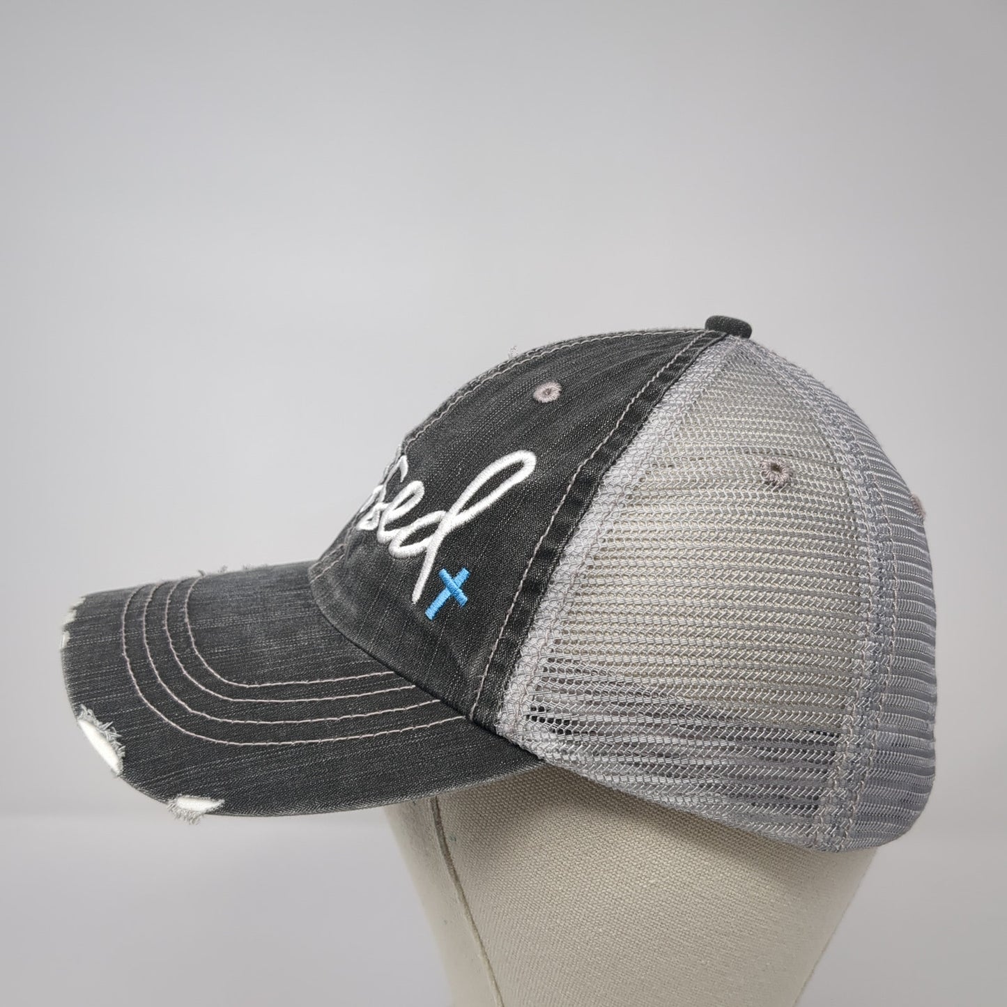 Blessed Strapback Baseball Cap Gray One Size Adjustable Mesh Back Distressed