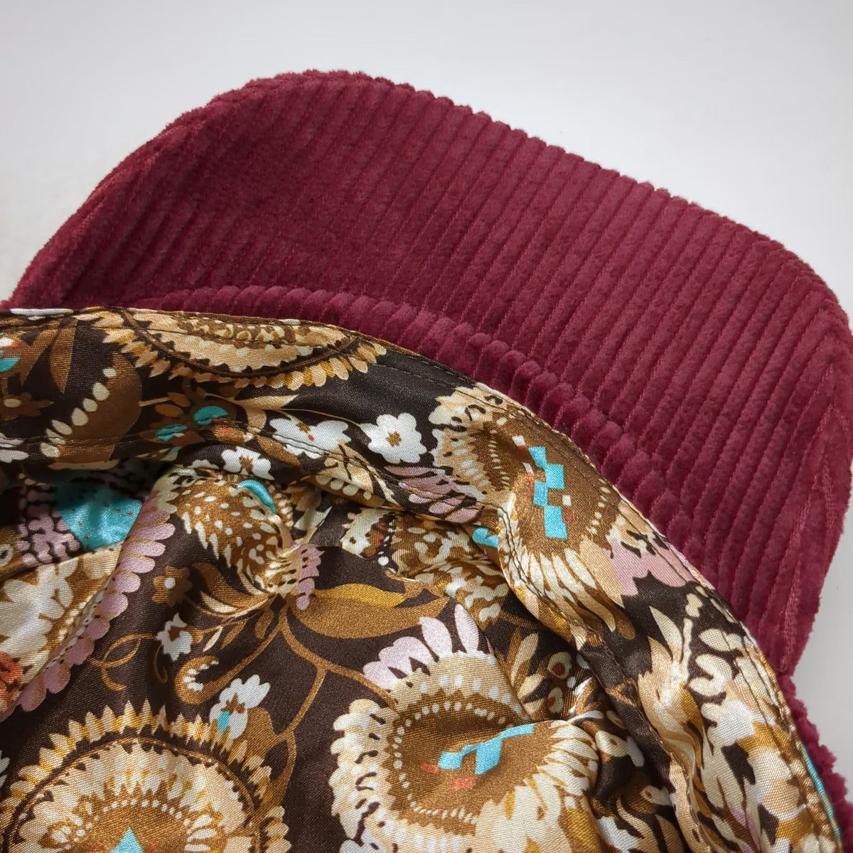 Army Cap Red One Size Corduroy Floral Lining Elastic Back Flat Top Military Hat