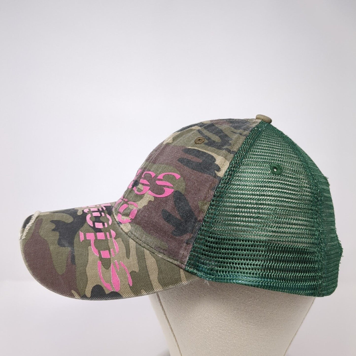 Bass Pros Shops Slideback Trucker Hat Camo OS Adjustable Distressed Mesh Back