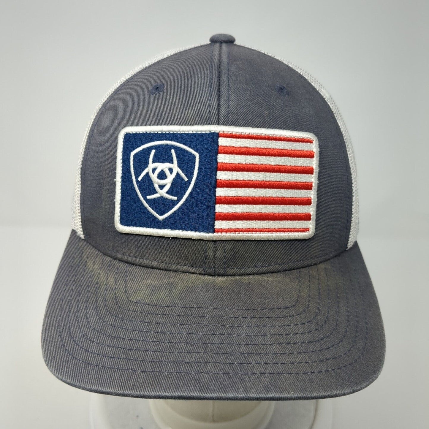 Ariat Flag Patch Snapback Trucker Hat Blue One Size Adjustable Mesh Back 6 Panel