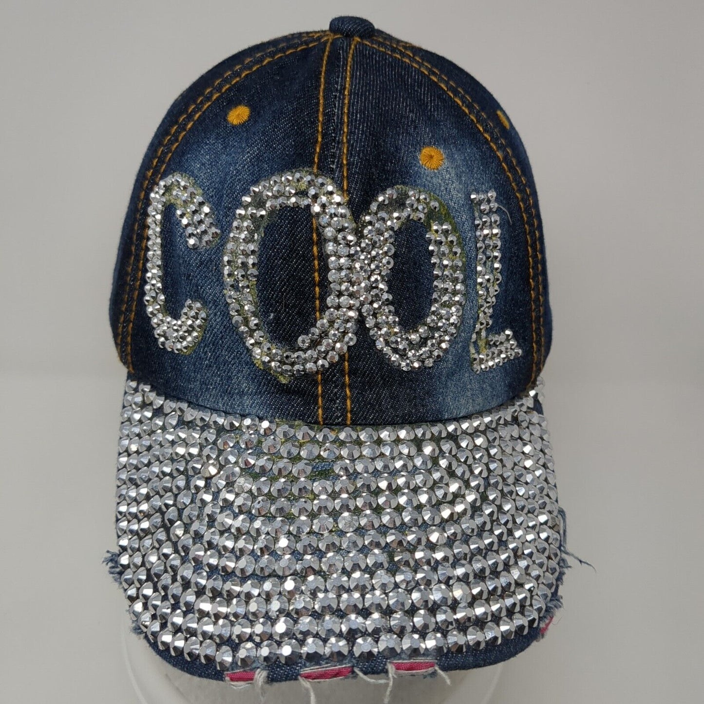 Cool Slideback Hat Blue One Size Adjustable Distressed Denim Rhinestone Bling