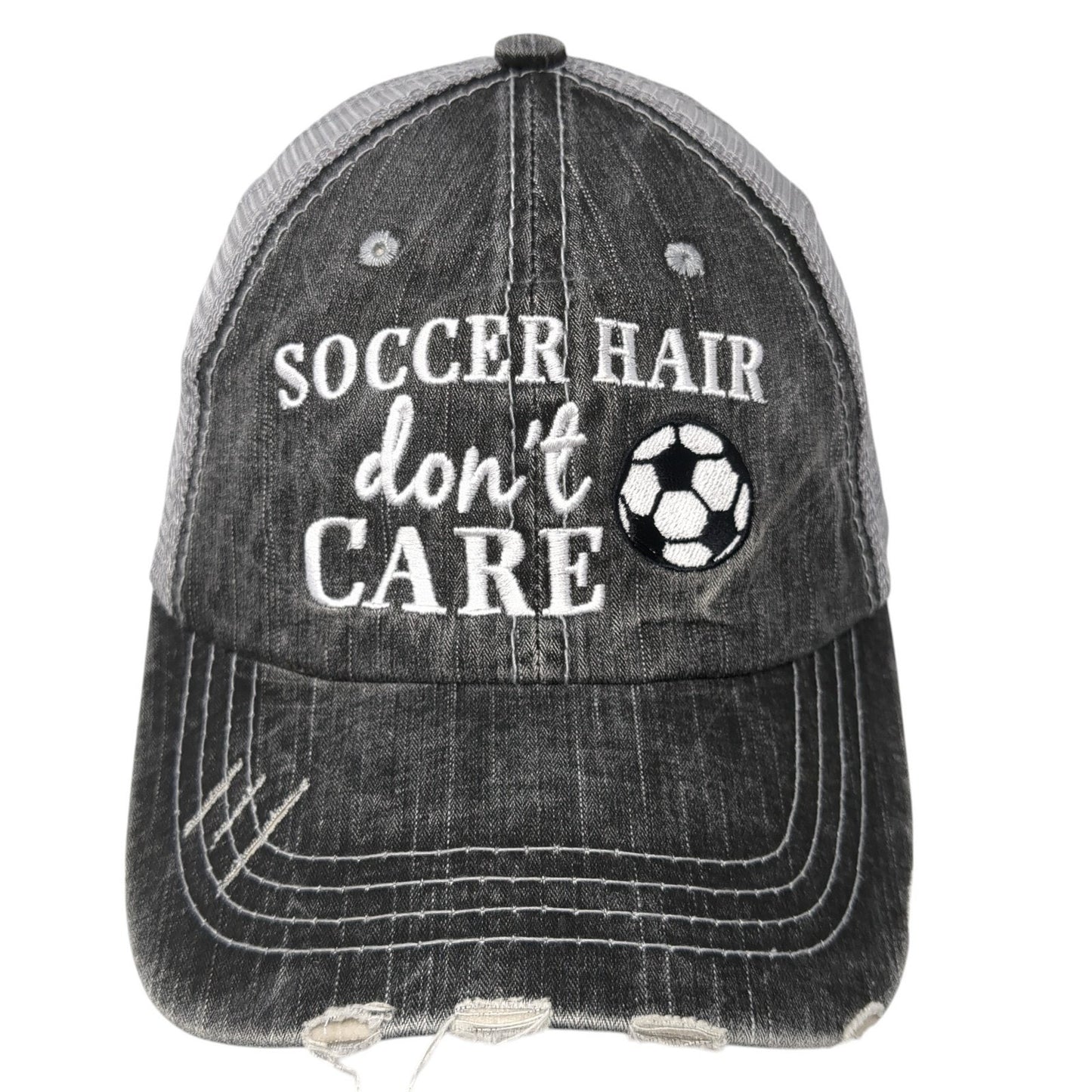 Soccer Hair Don't Care Strapback Trucker Hat Gray One Size Mesh Back