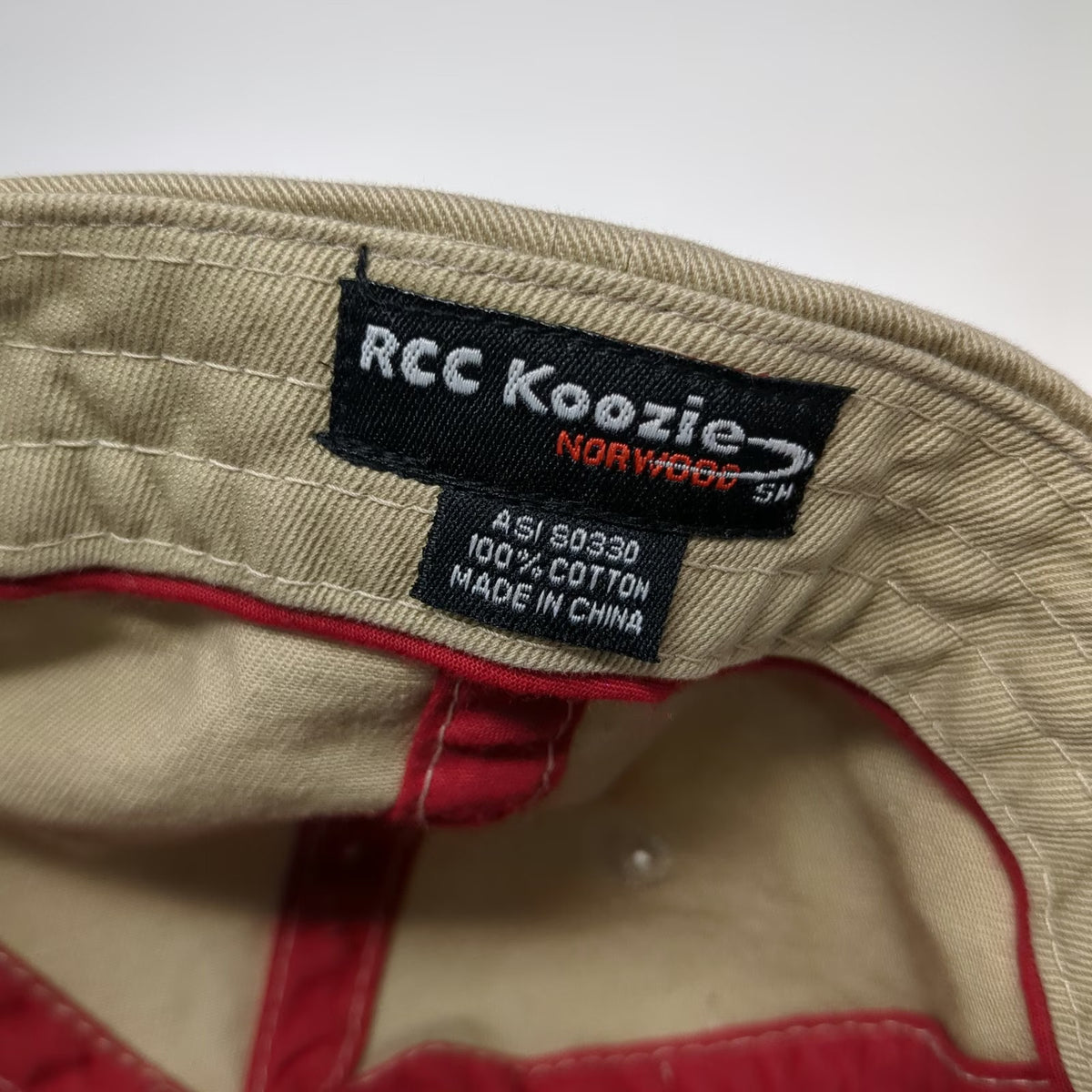 RCC Koozie Baseball Cap Beige One Size Maple Grove Eye Clinic Slideback Red Hat