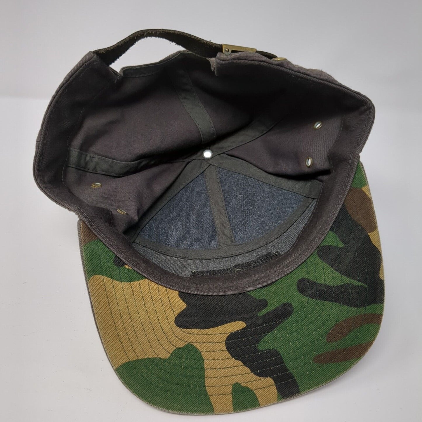 Valentine's Deli Slideback Hat Gray One Size Leather Strap Camo Trim