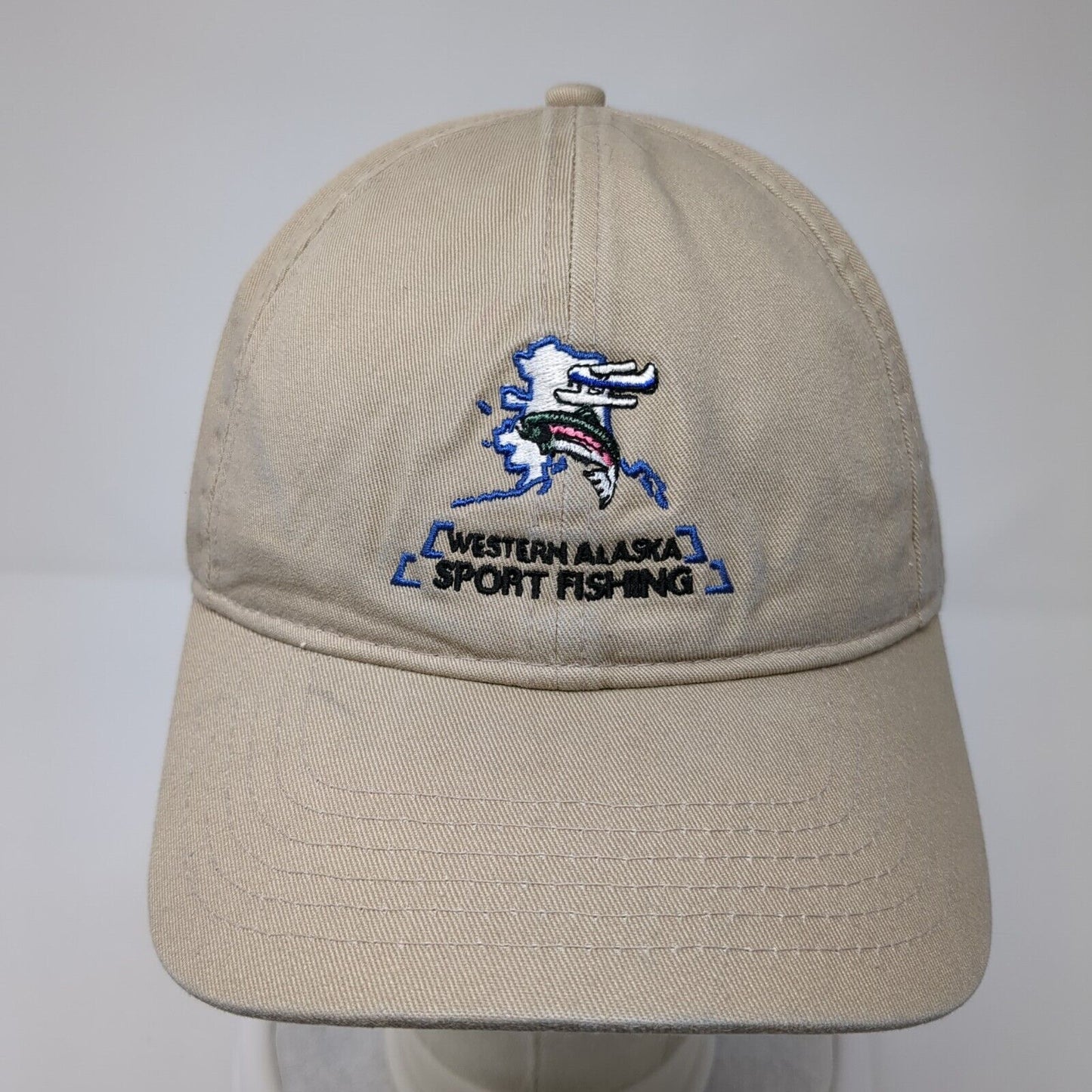 Western Alaska Sport Fishing Slideback Hat Tan OS Adjustable Embroidered Ivory