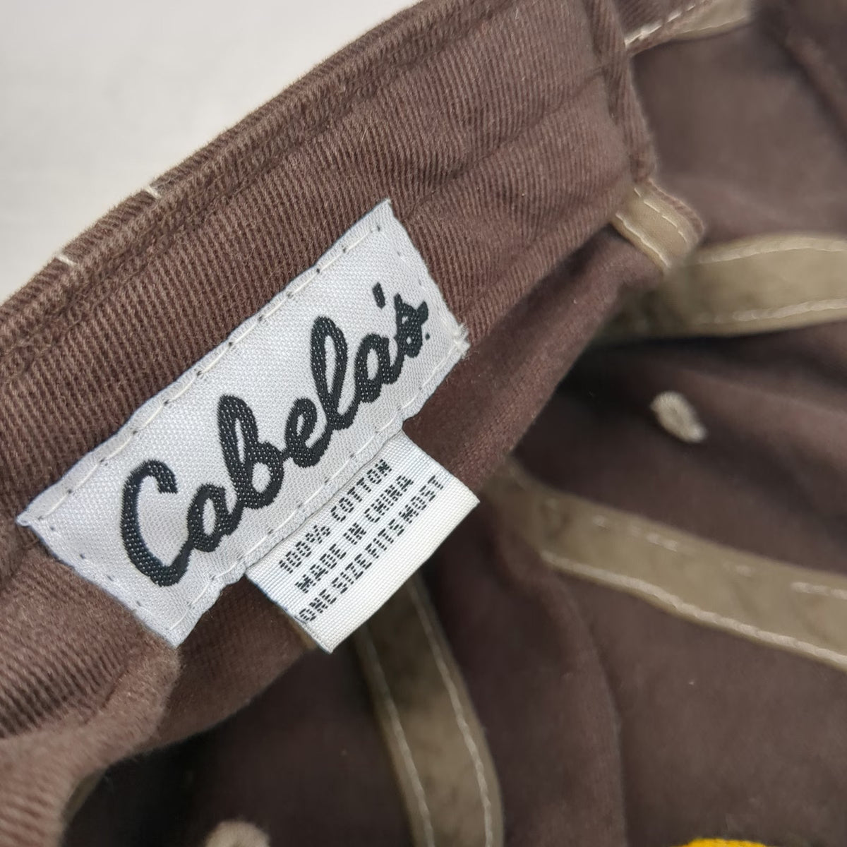 Cabela's Baseball Cap Brown One Size Contrast Stitching Yellow Logo Strap Hat