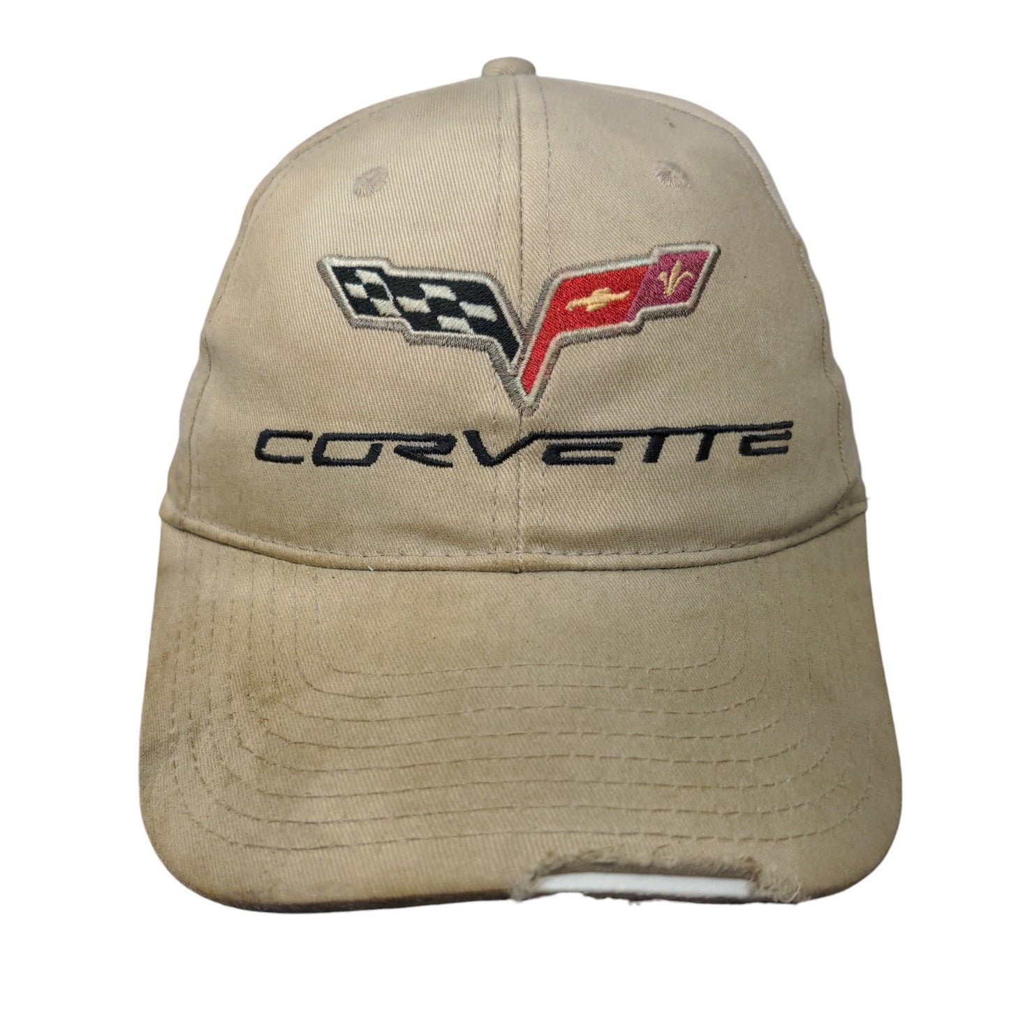 Corvette Strapback Hat Tan OSFM Embroidered Adjustable Vent Holes Distressed