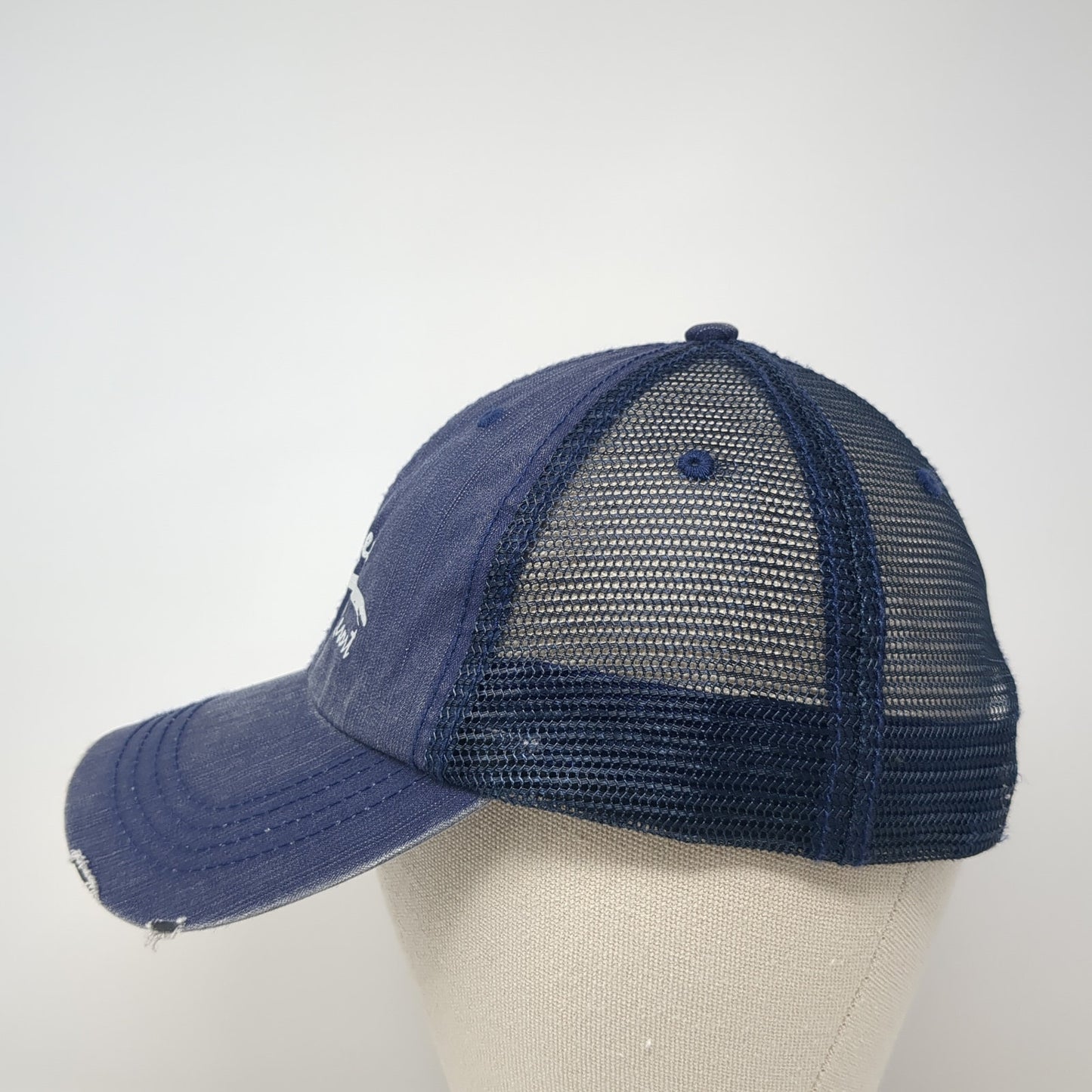 Bass' River Resort Trucker Hat Blue One Size Adjustable Distressed Mesh Back